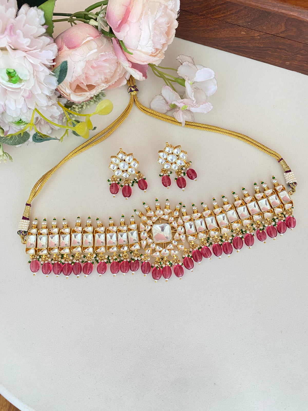 Kundan choker set in pink drops