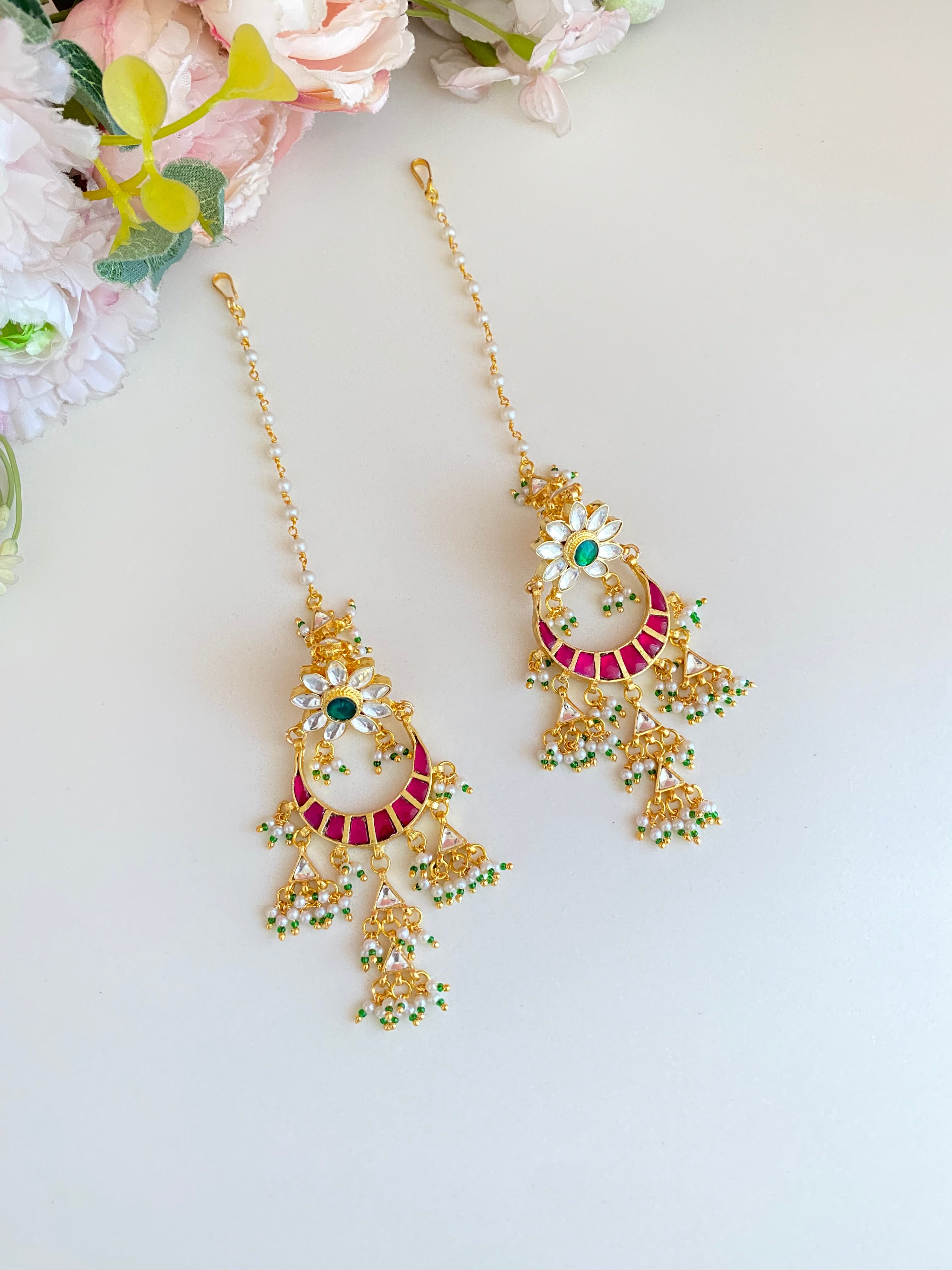 Pink Kundan chandbaali