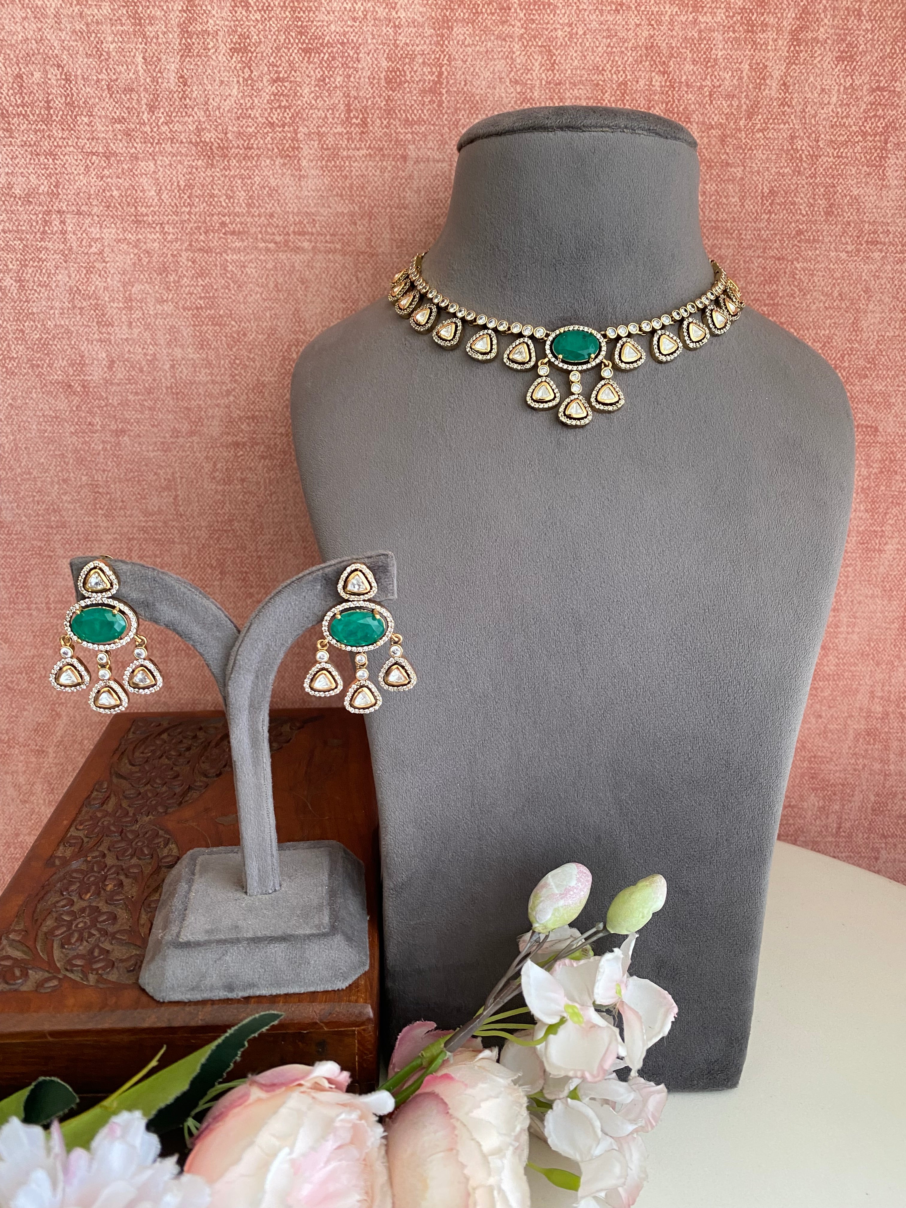 Moissanite Polki Green Stone Necklace Set