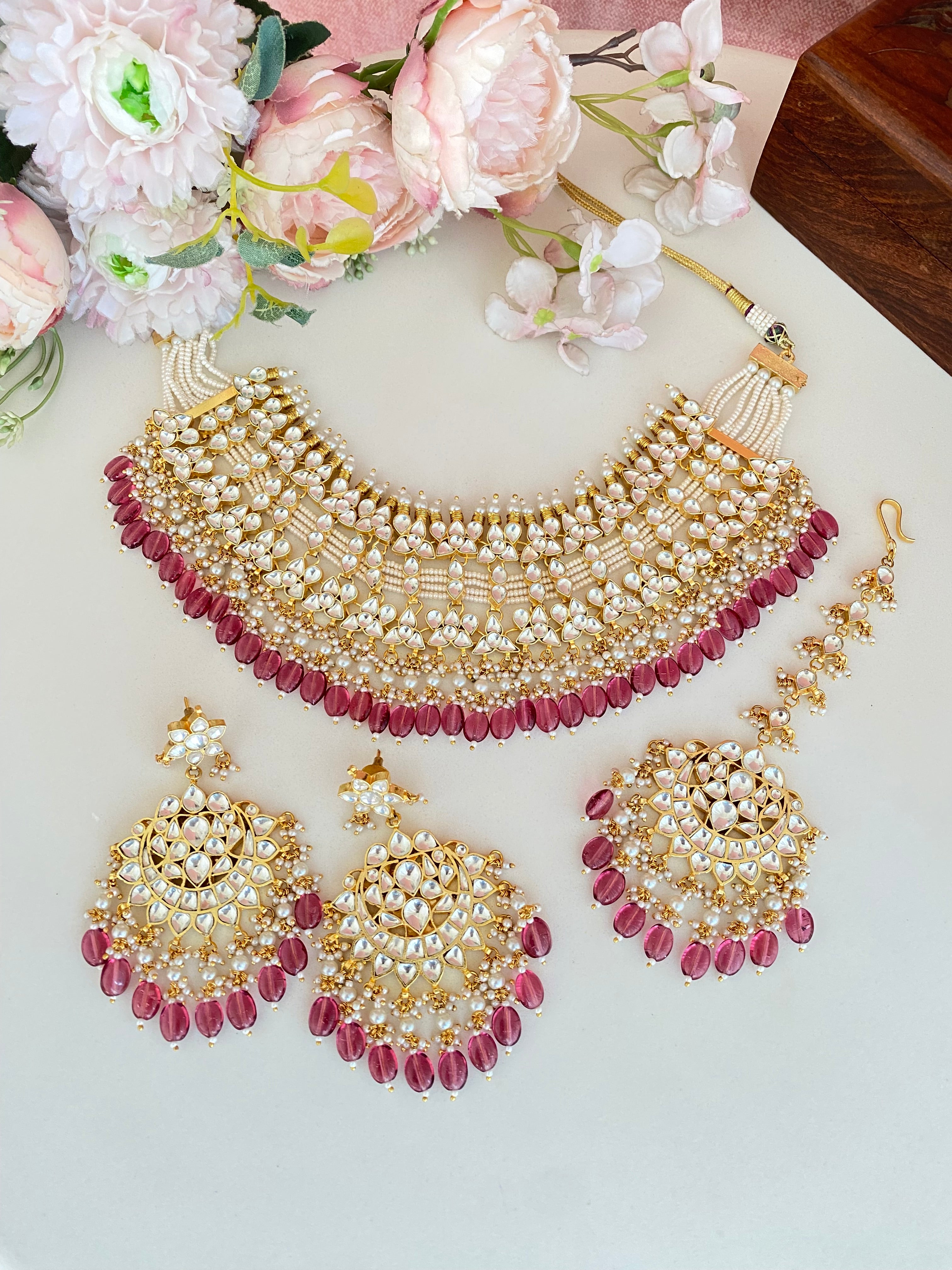Kundan Bridal Necklace Set in pink drops