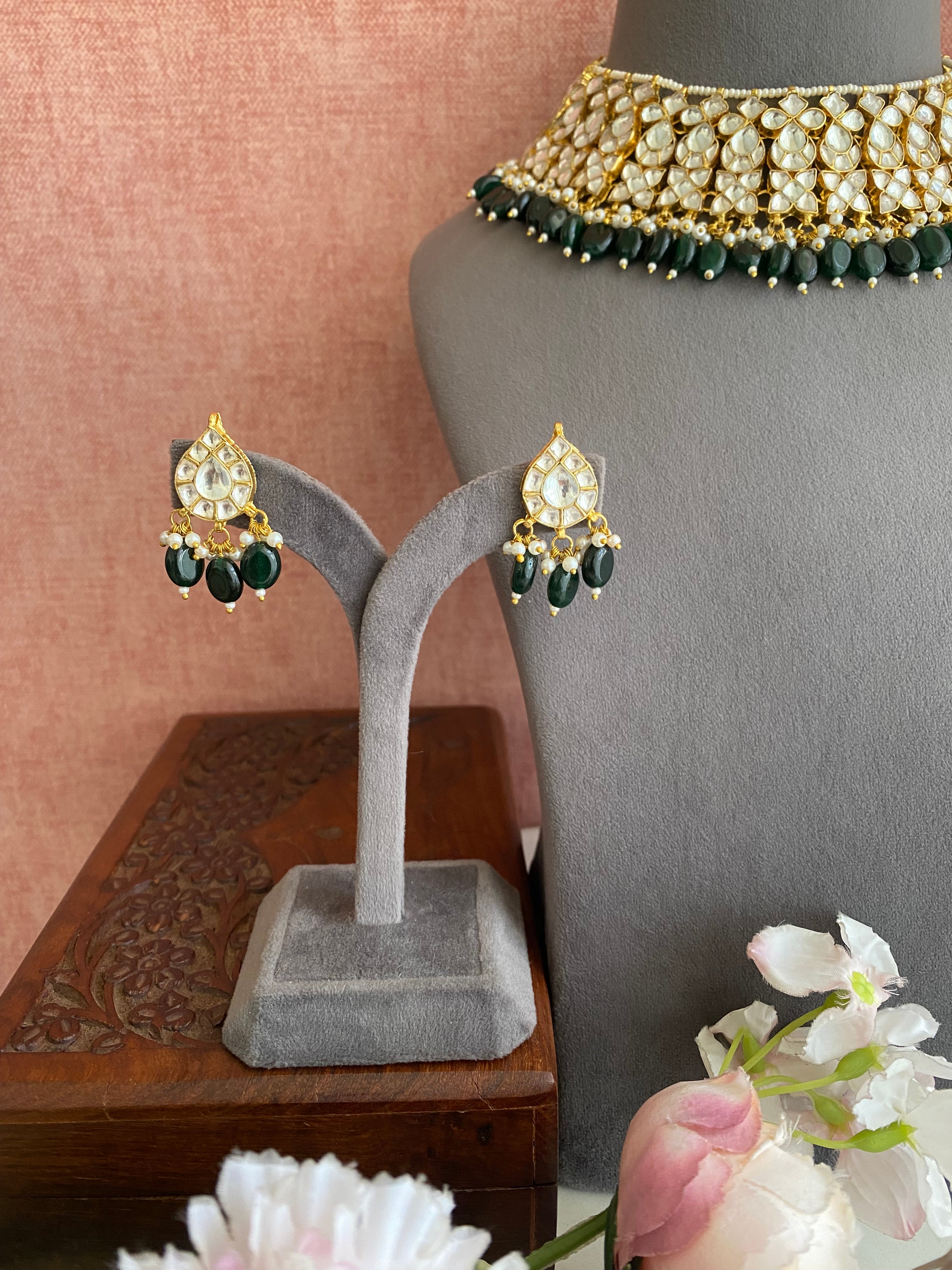 Kundan Necklace Set in Green Beads
