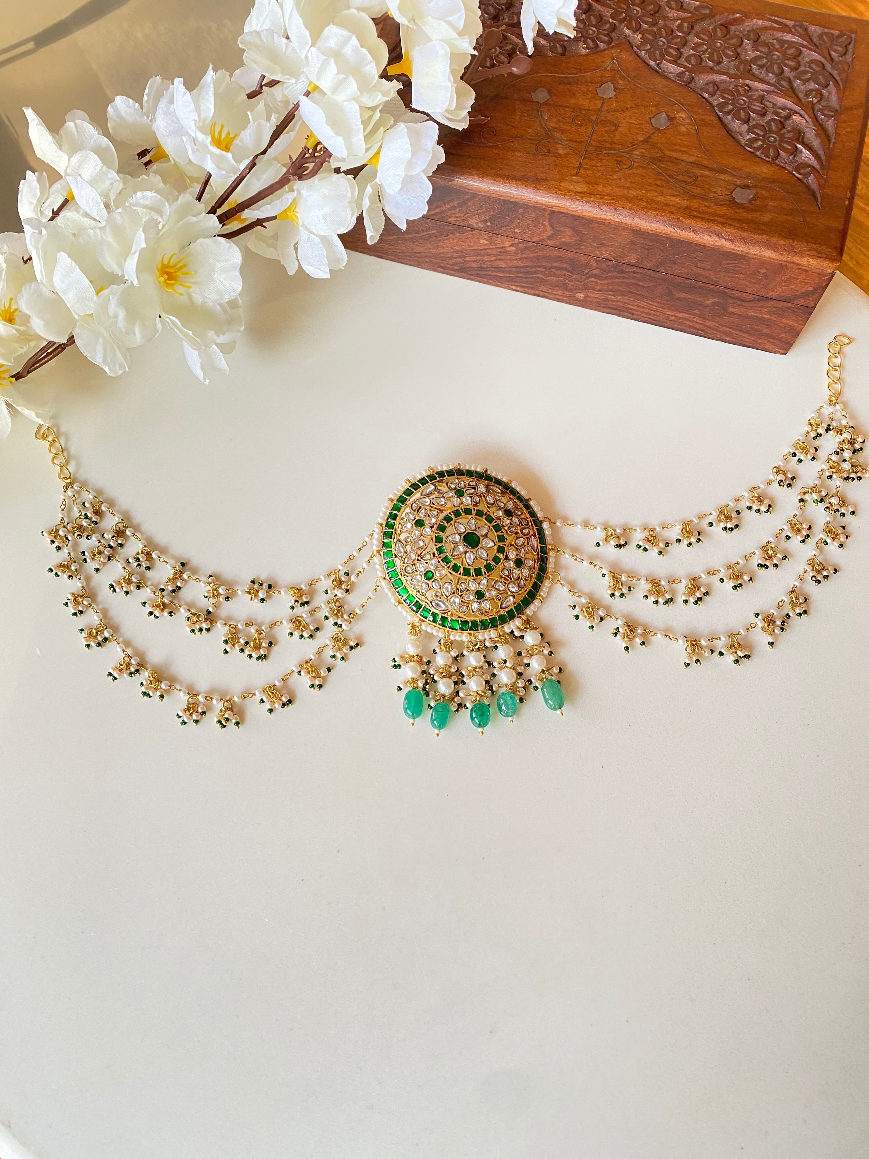 Gold Plated Kundan Juda Pin with pearl chain