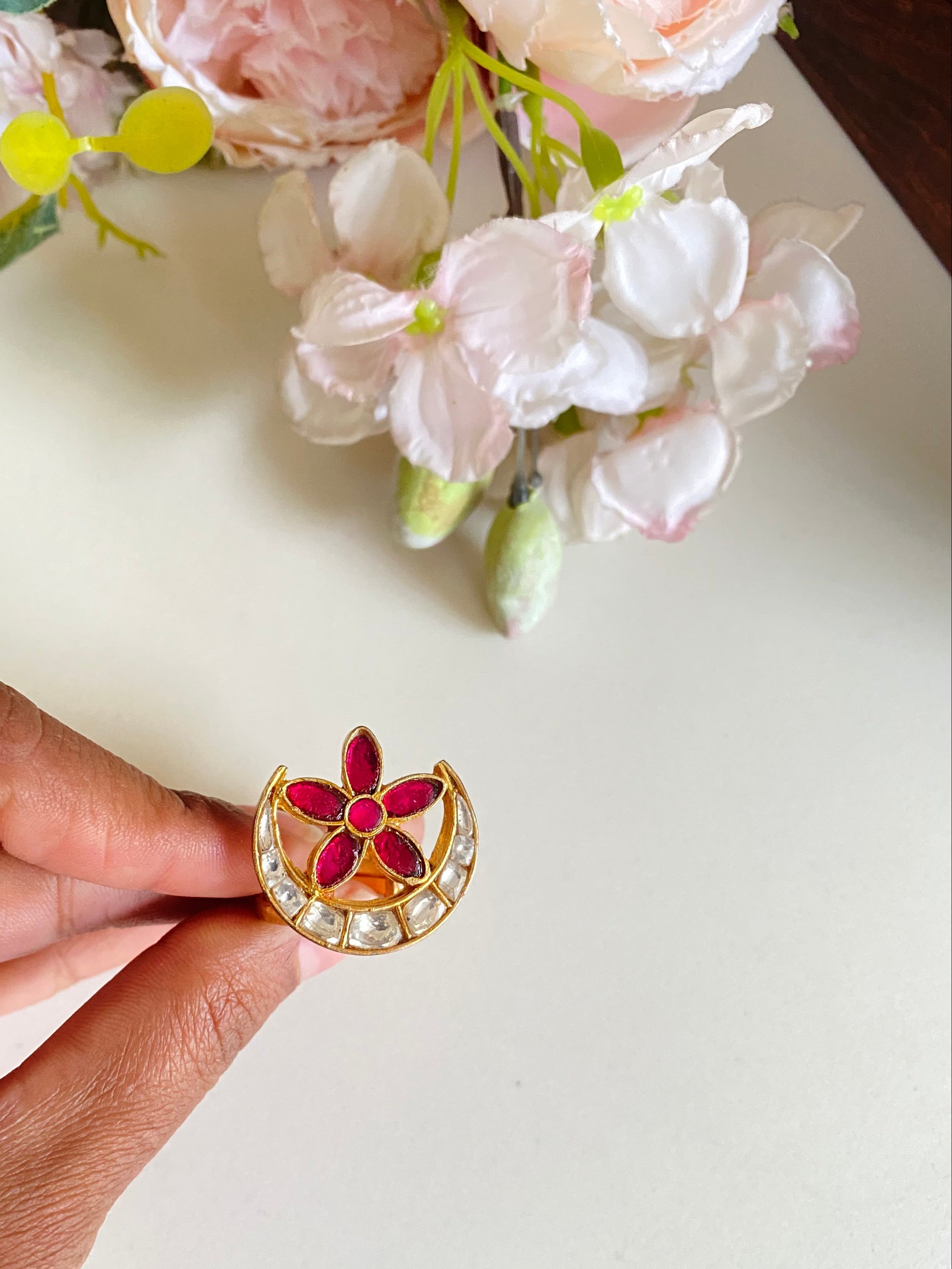 Gold plated Pink Kundan Chand Ring
