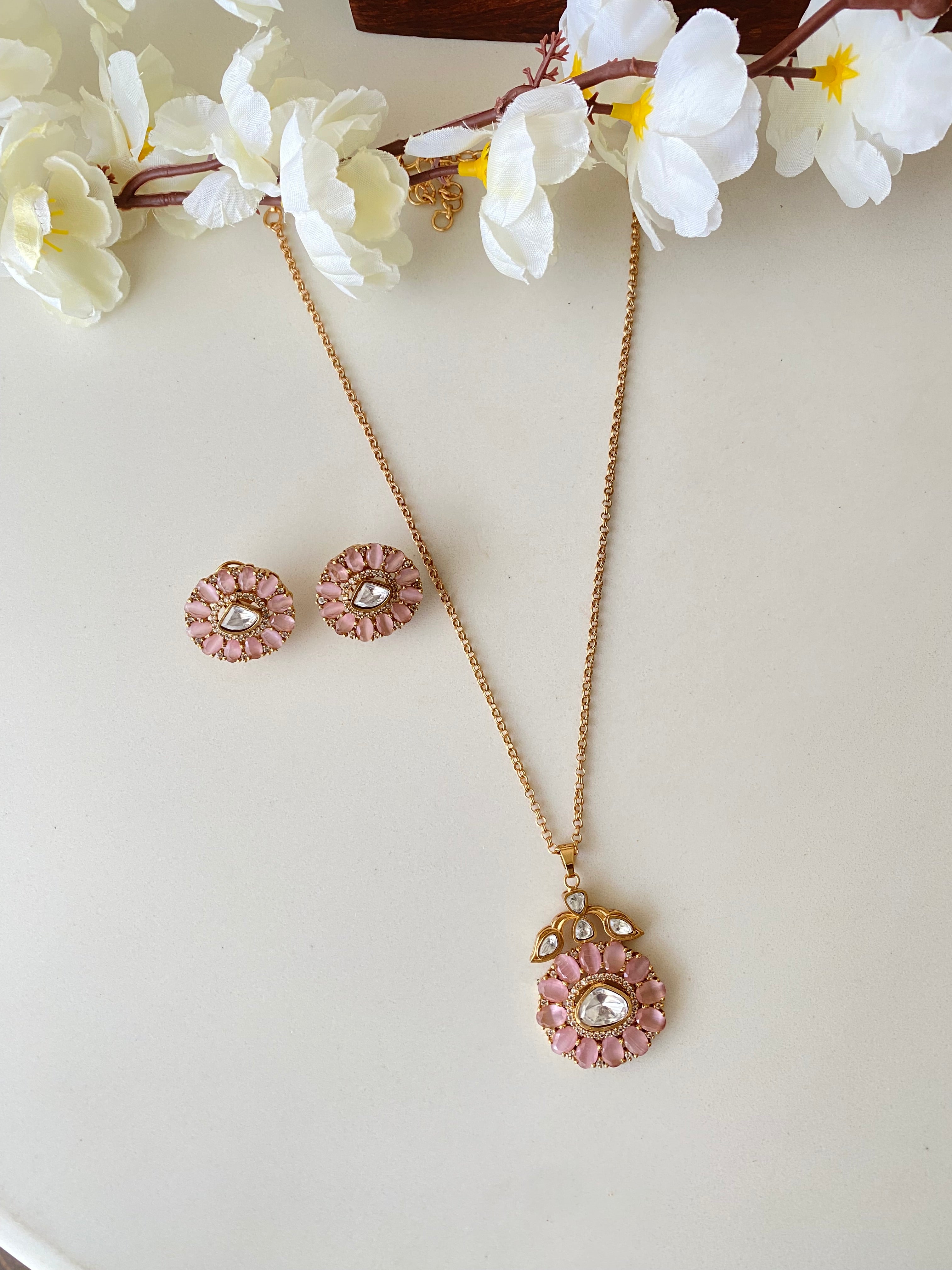 Gold plated Moissanite Pink  Pendant Set