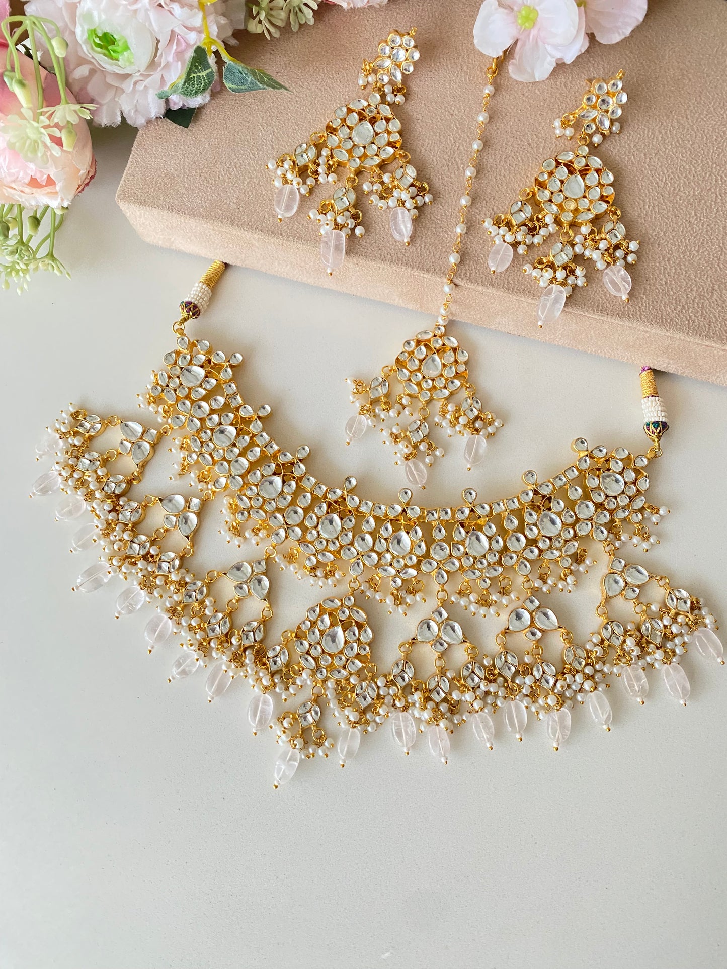 Kundan Bridal Necklace Set in Pink Drops