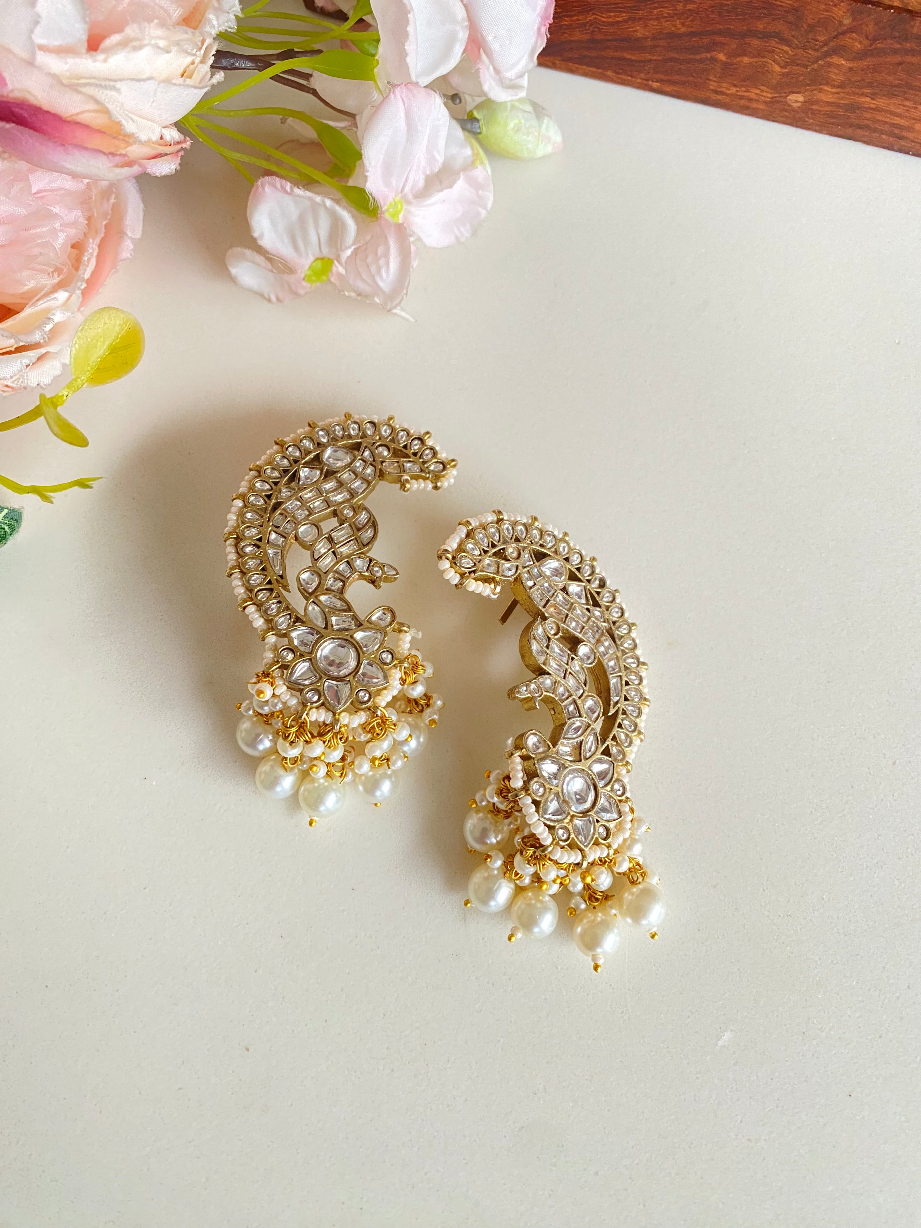 Kundan ear cuffs in pearl drops