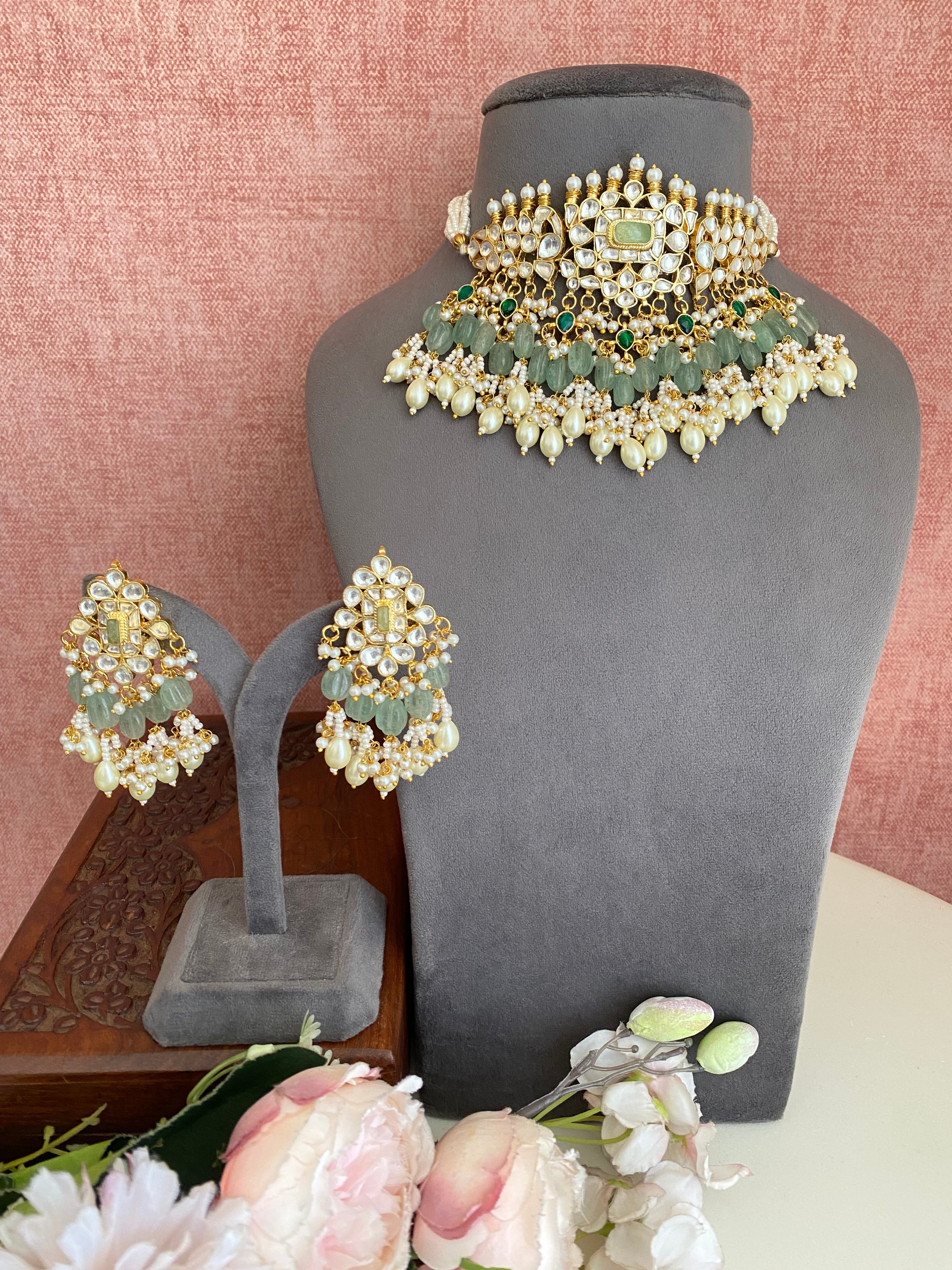 Gold plated Mint Stone Kundan Choker Set