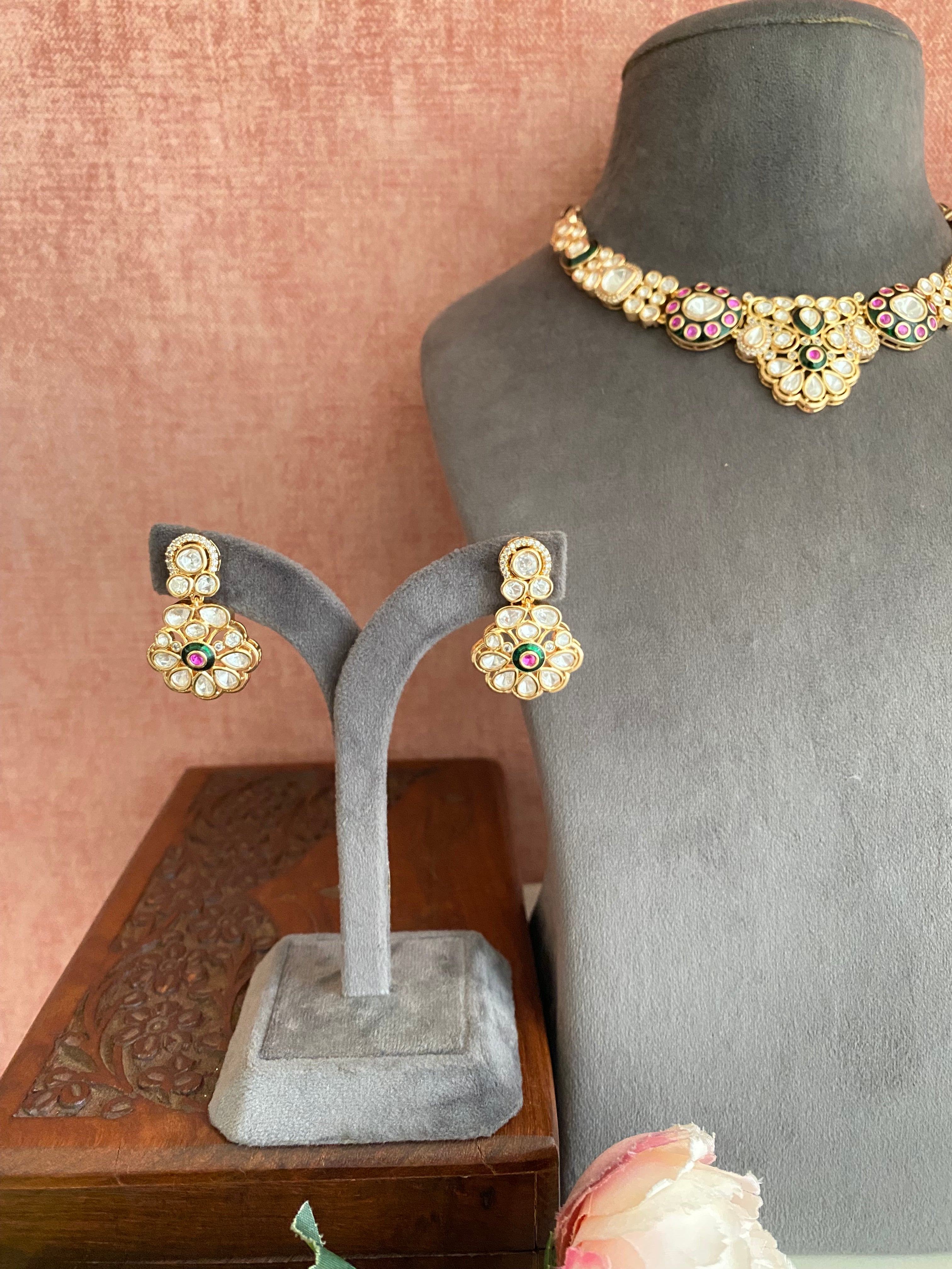 Polki Pink and Green Necklace set