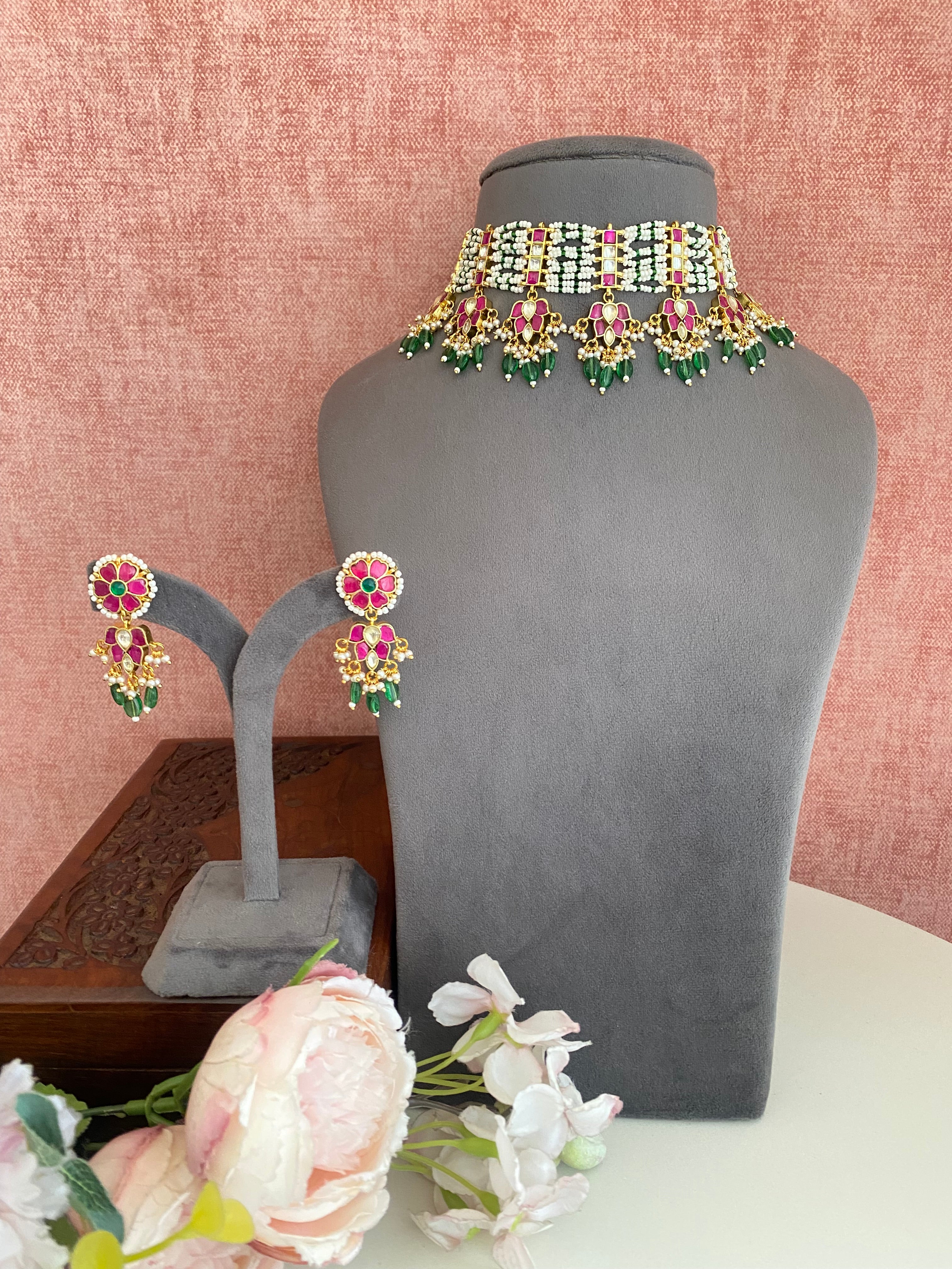 Gold Plated Pink kundan Choker set