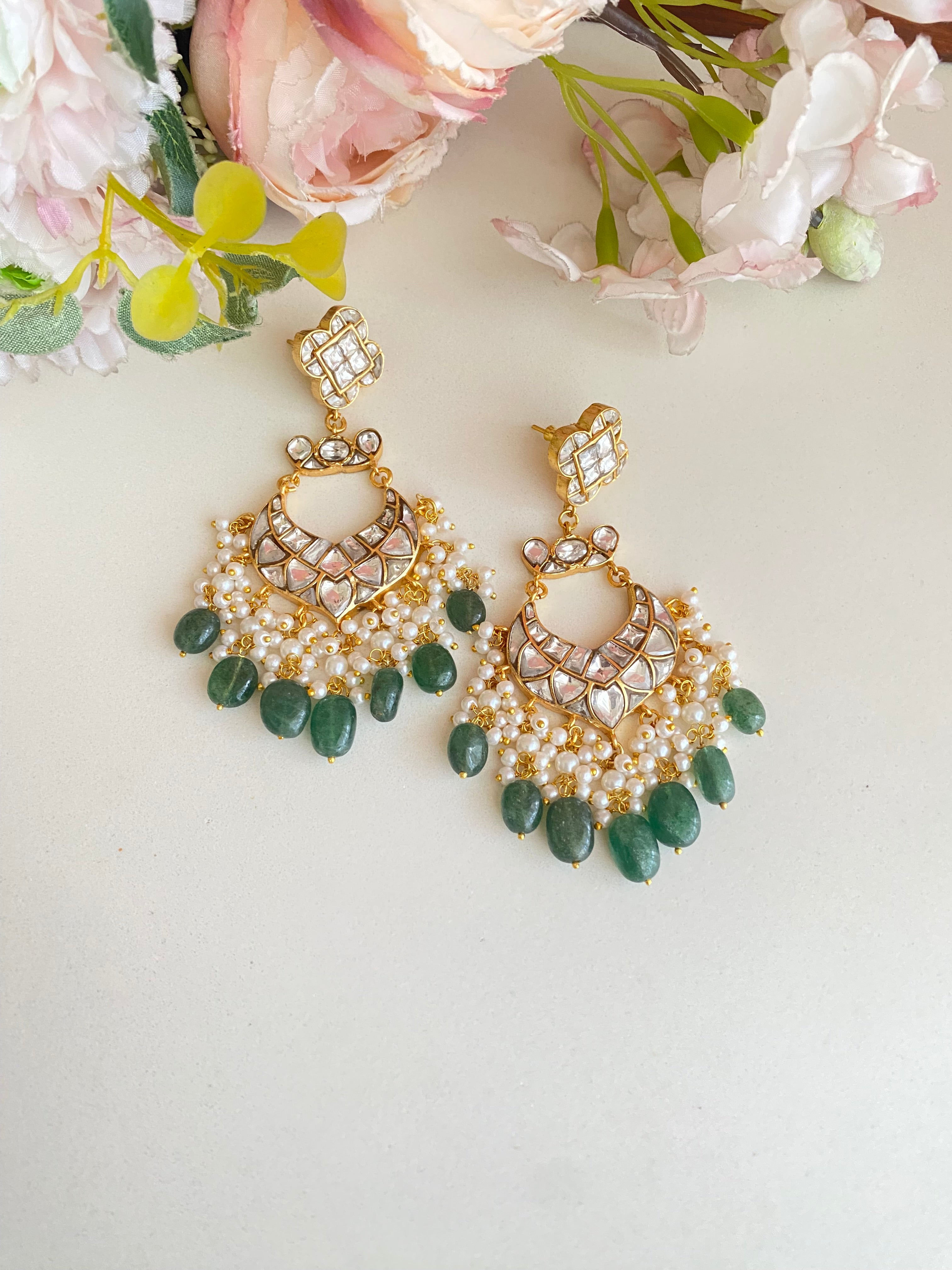 Gold Plated Kundan Earrings in green drops
