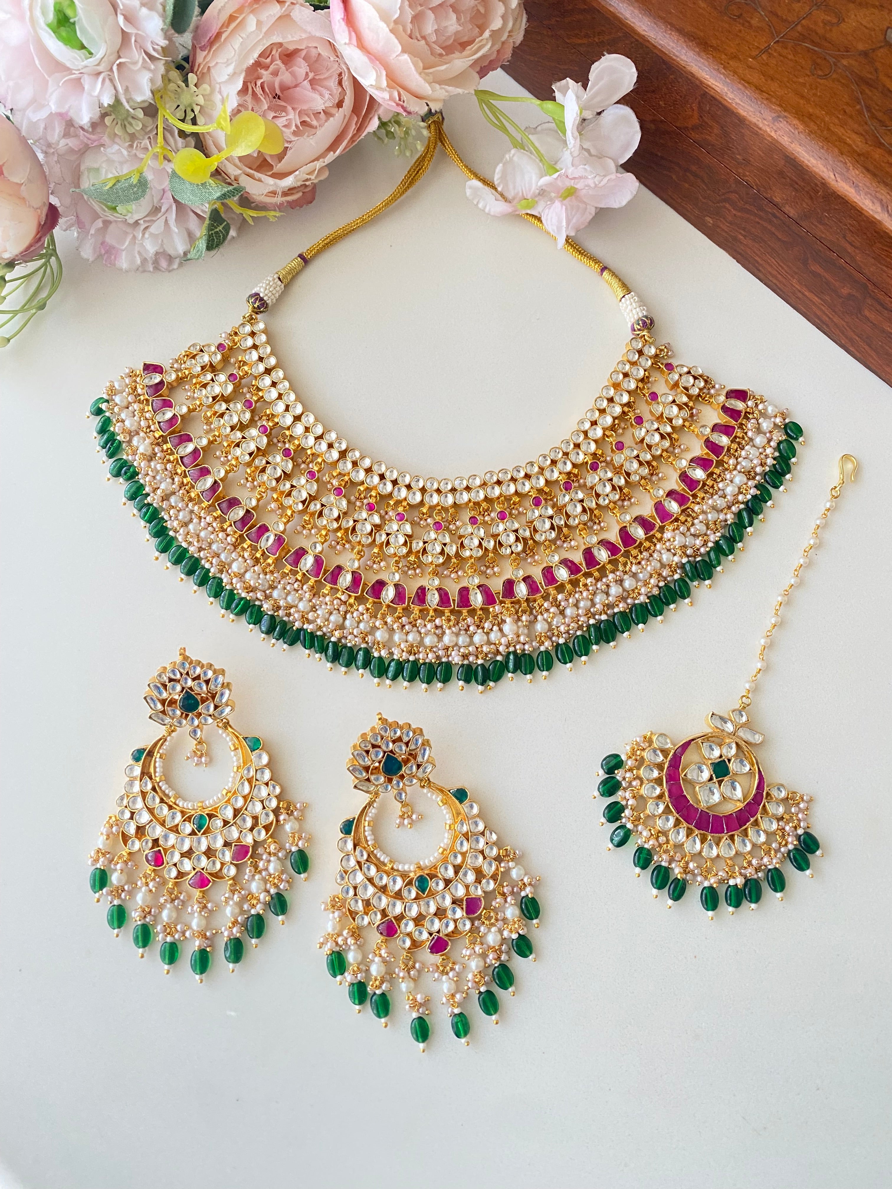 Kundan Bridal Necklace Set in Green drops