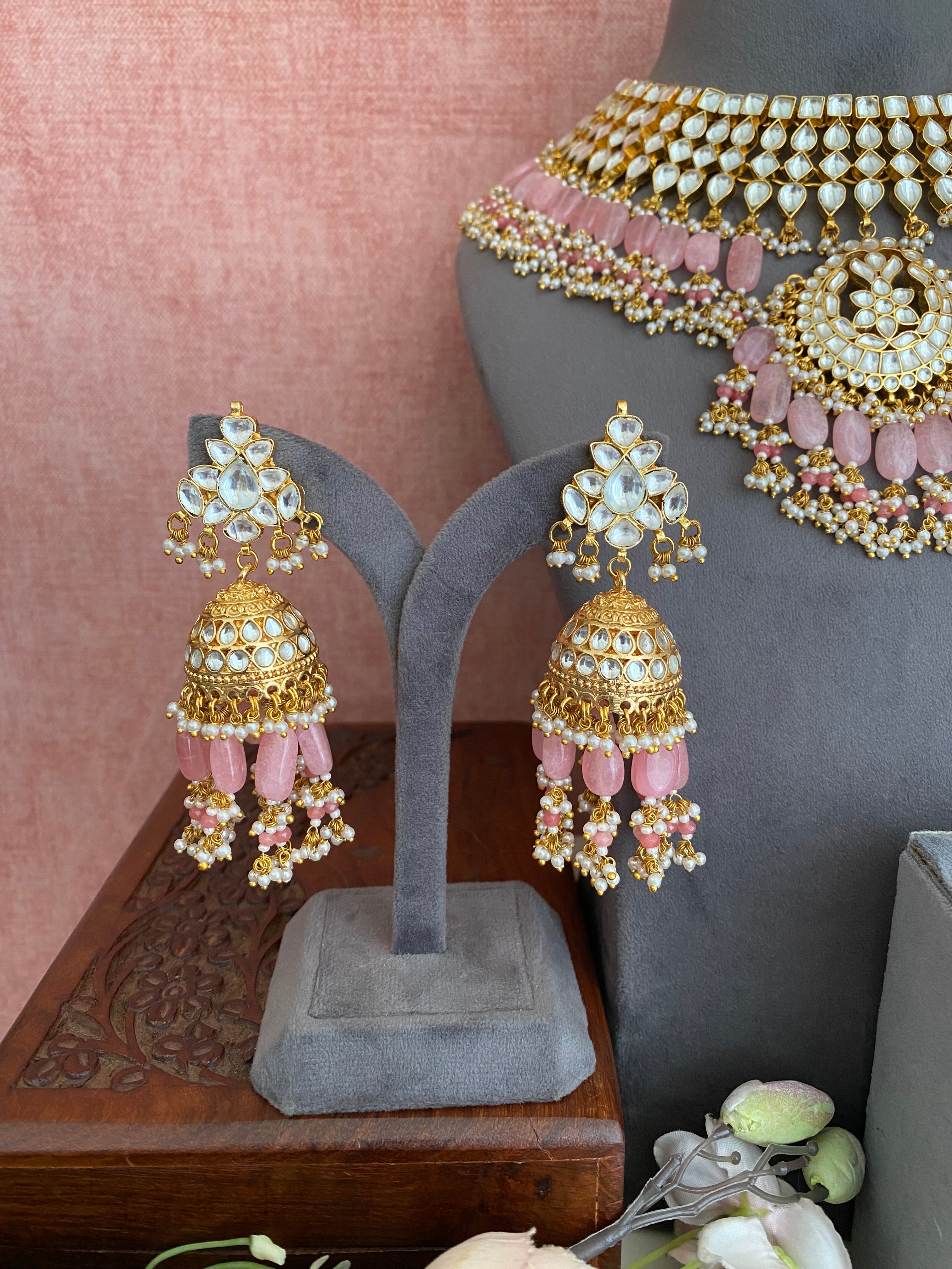 Kundan Bridal Necklace Set in pink drops
