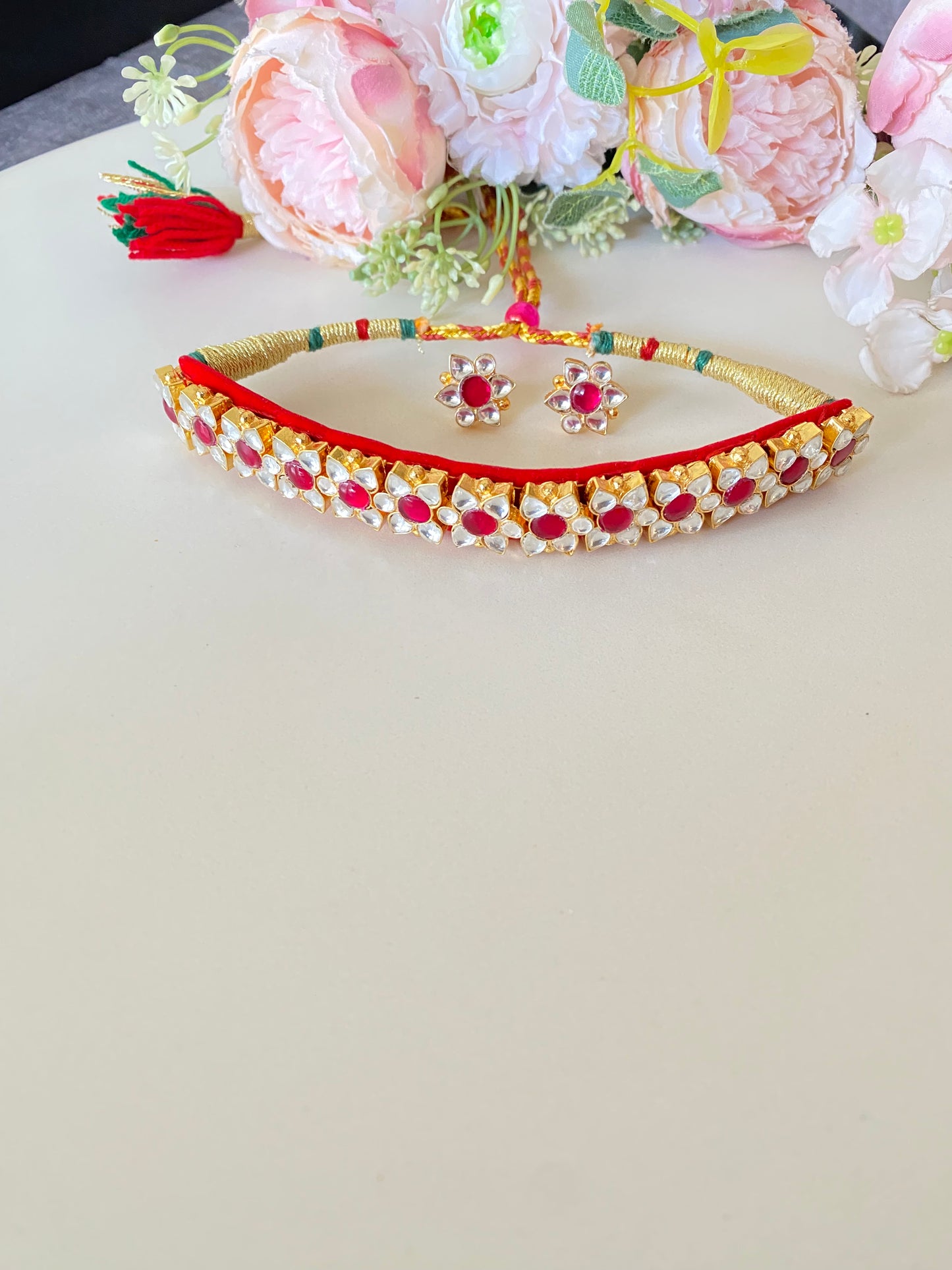 Gold plated pink Kundan Choker Set