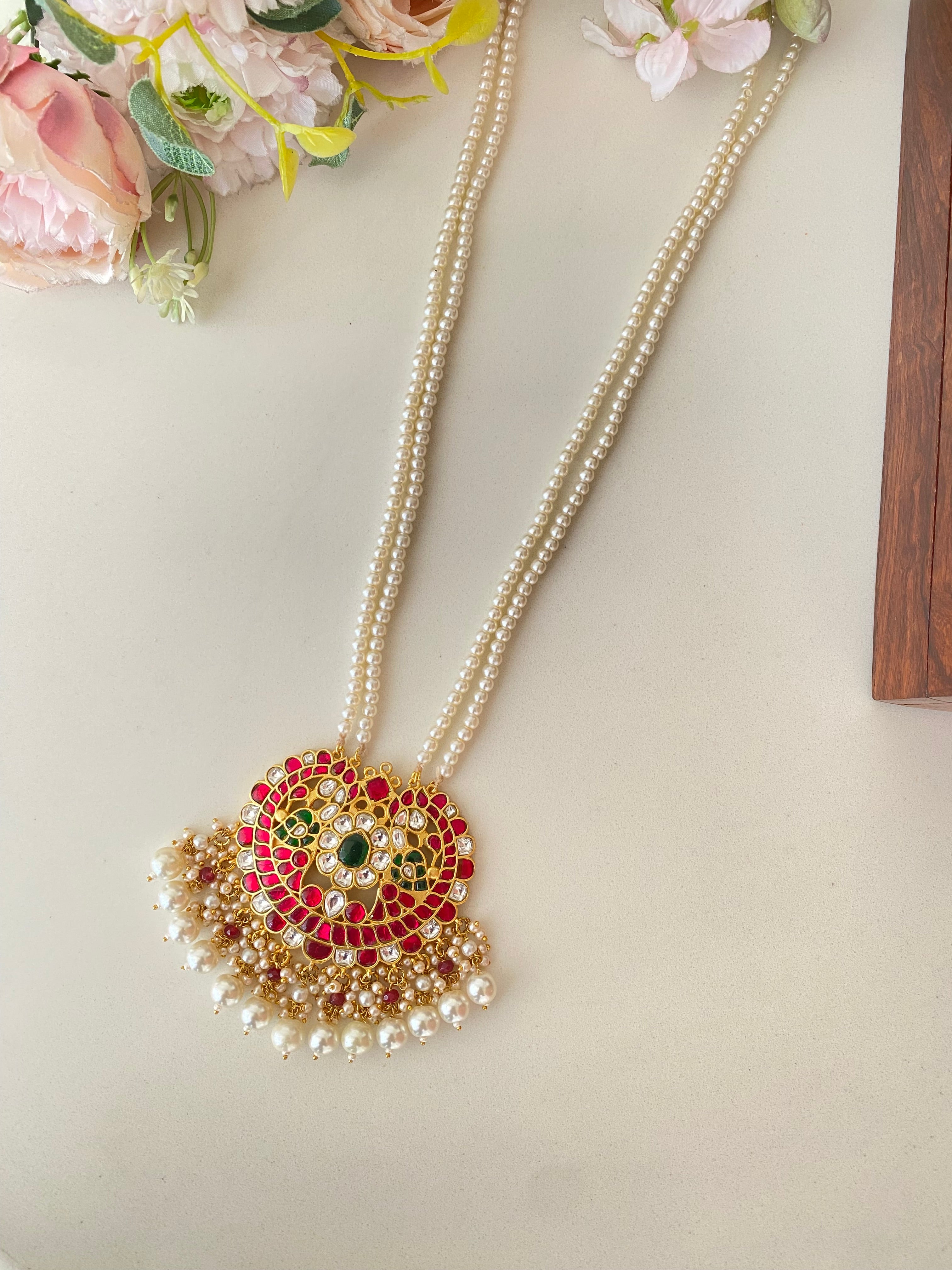 Gold Plated Pink Green Kundan Long set