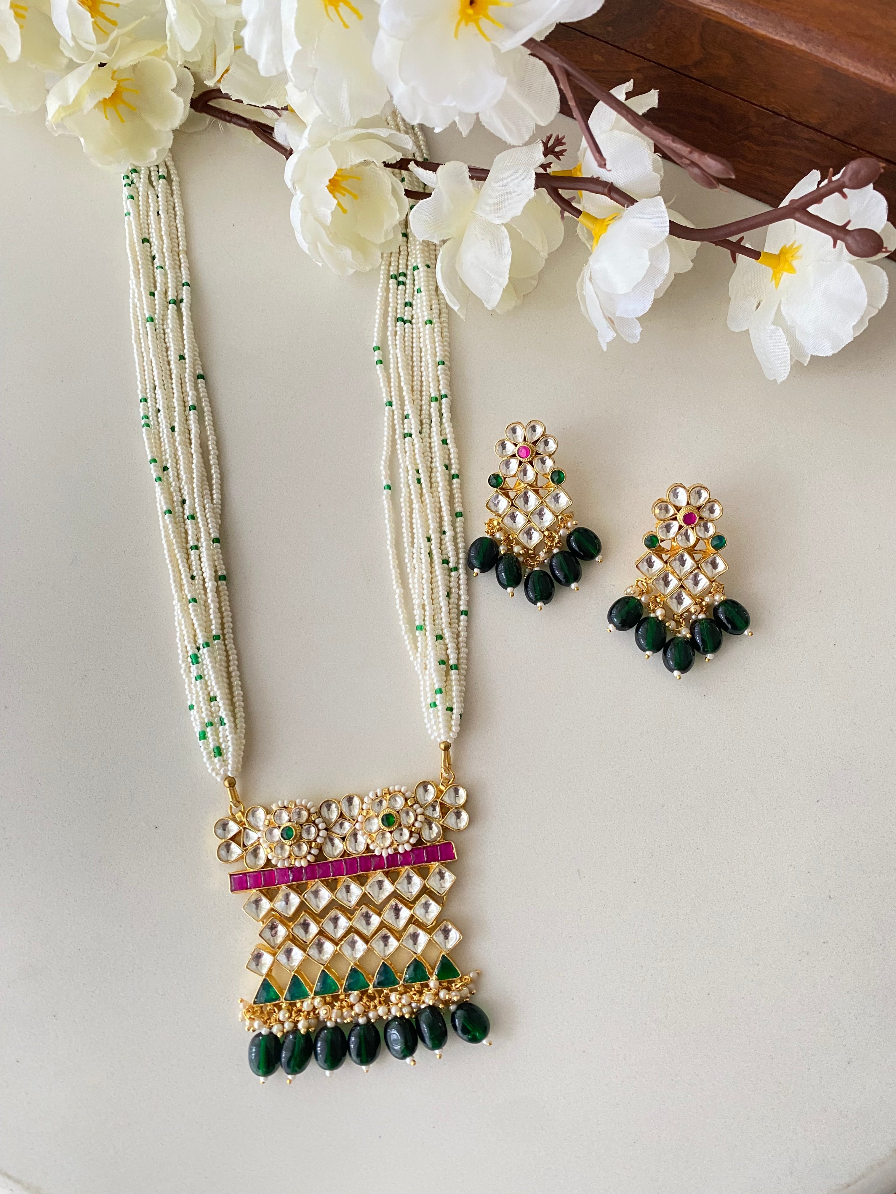 Gold Plated Pink Green Kundan Long set