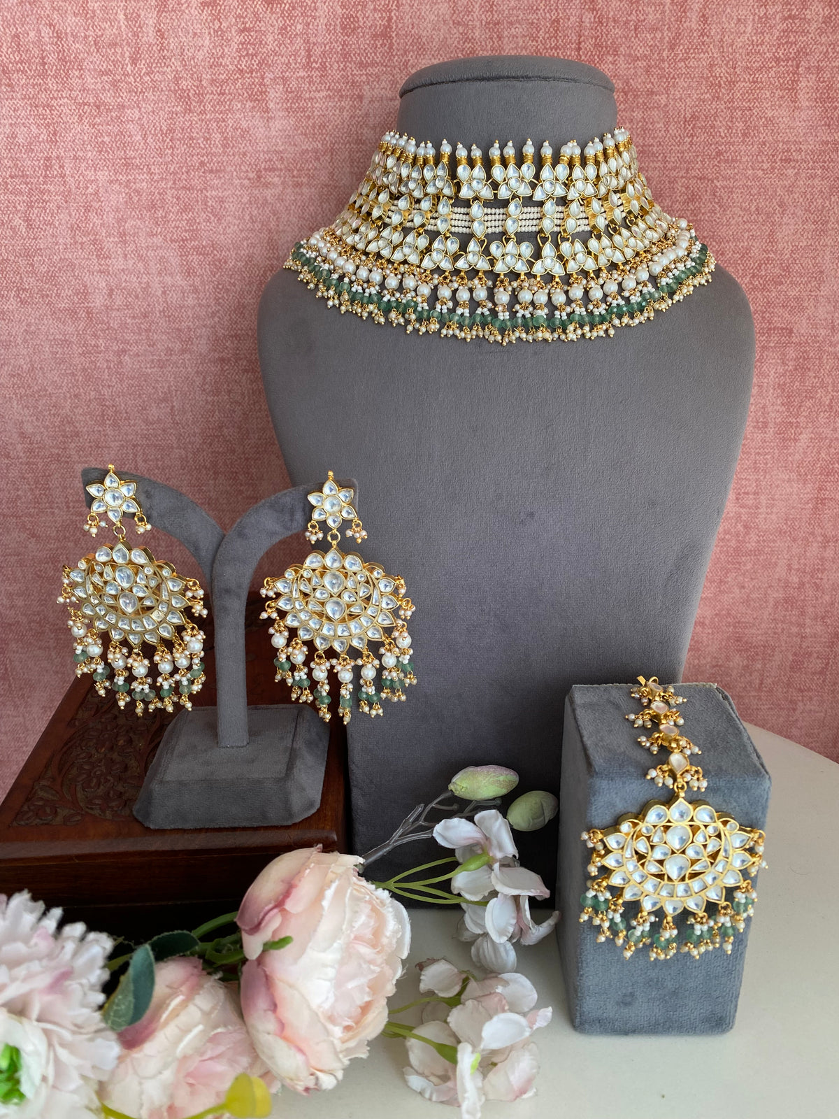 Kundan Bridal Necklace Set in pink drops