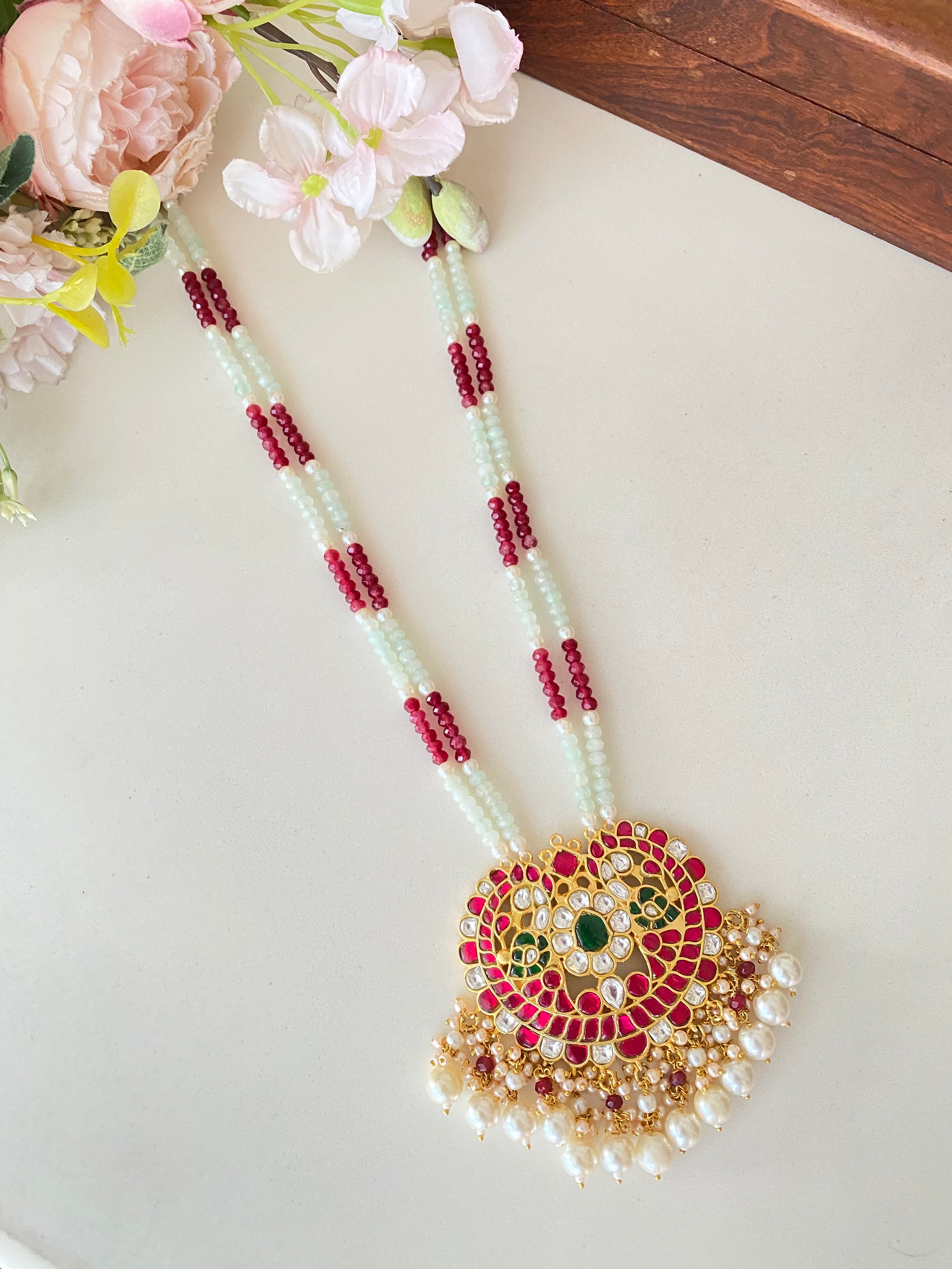 Gold Plated Pink Green Kundan Long set
