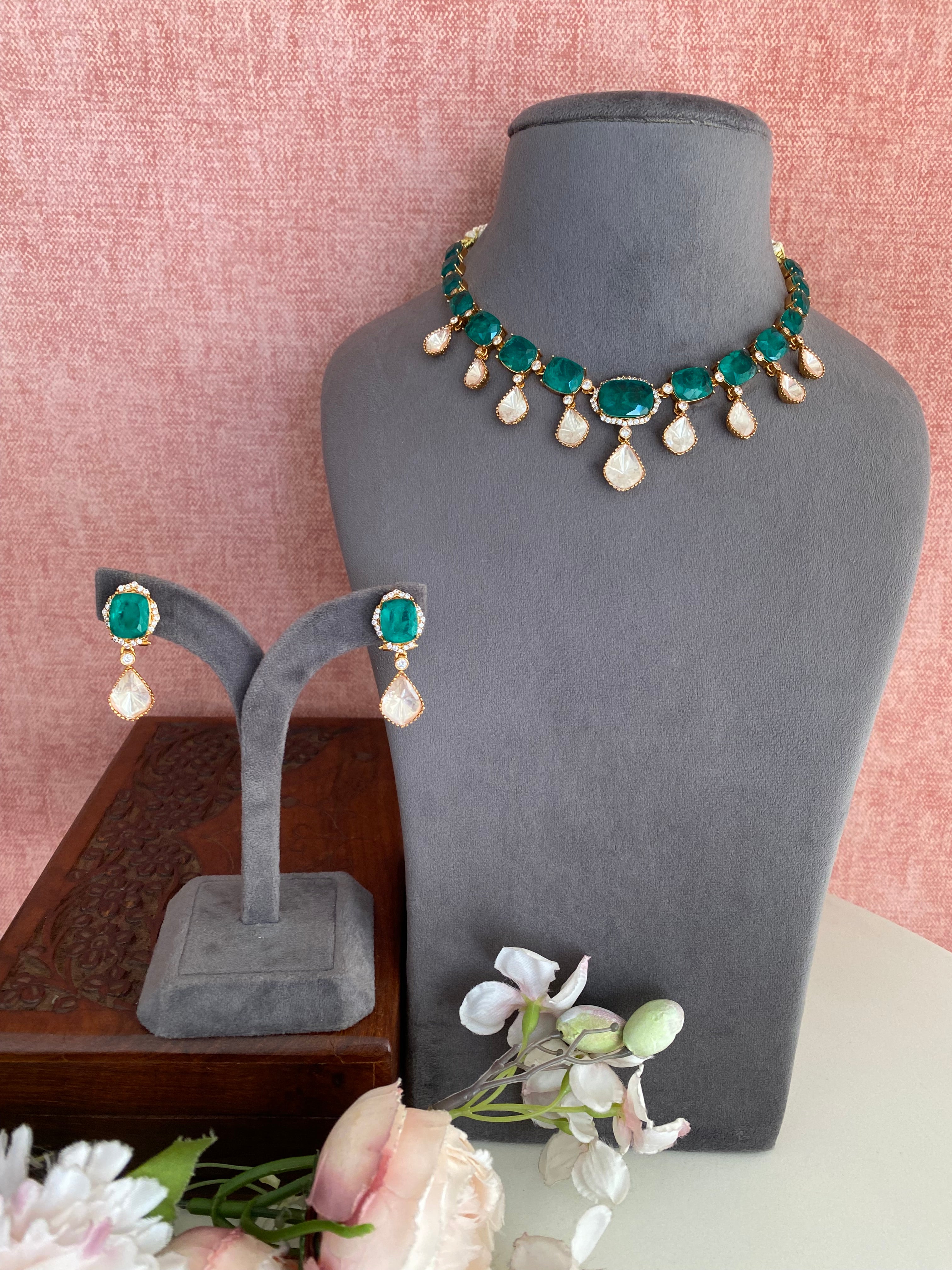 Gold plated Moissanite Green Necklace Set