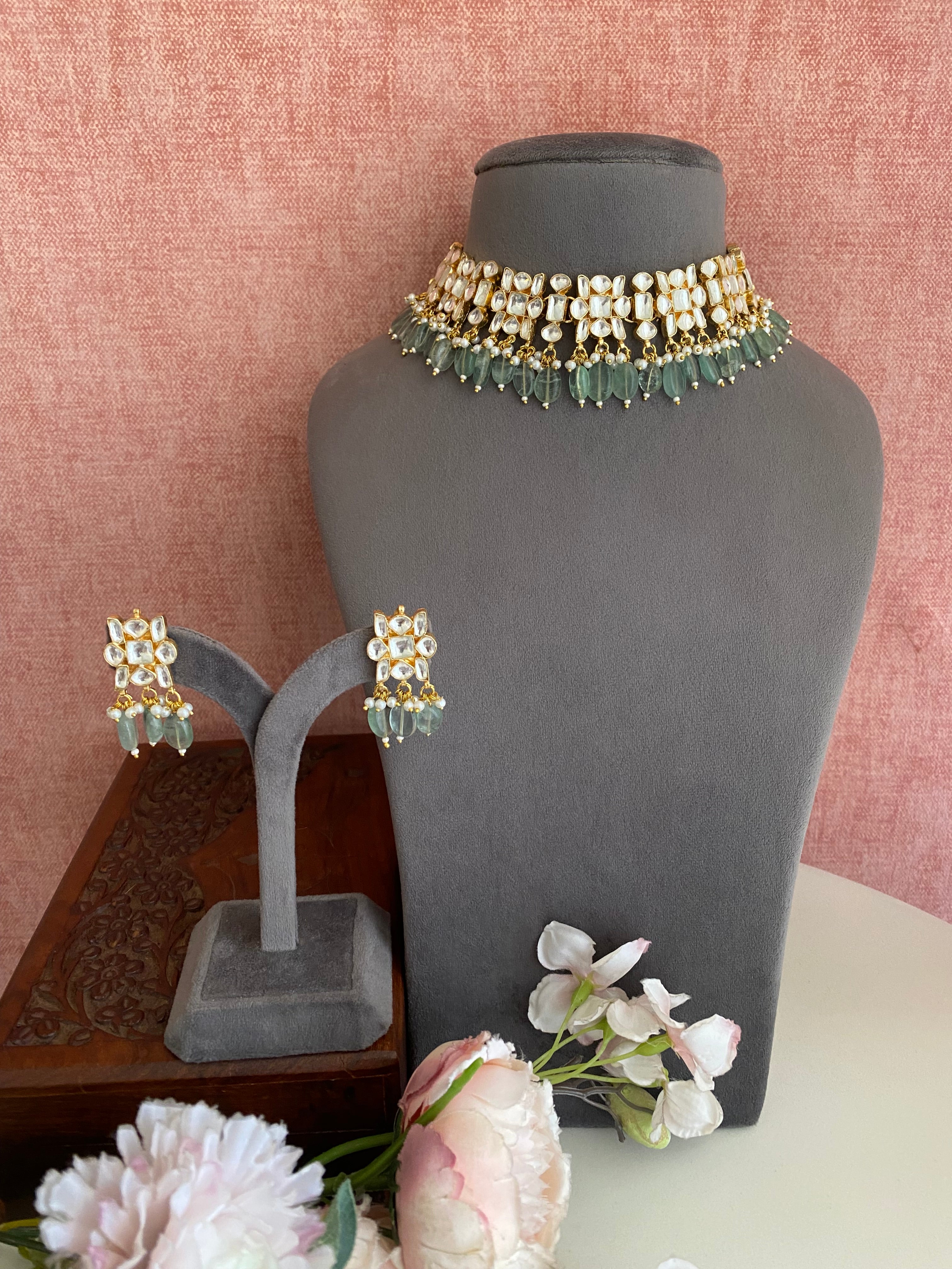 Gold plated Kundan Choker Set with Mint drops