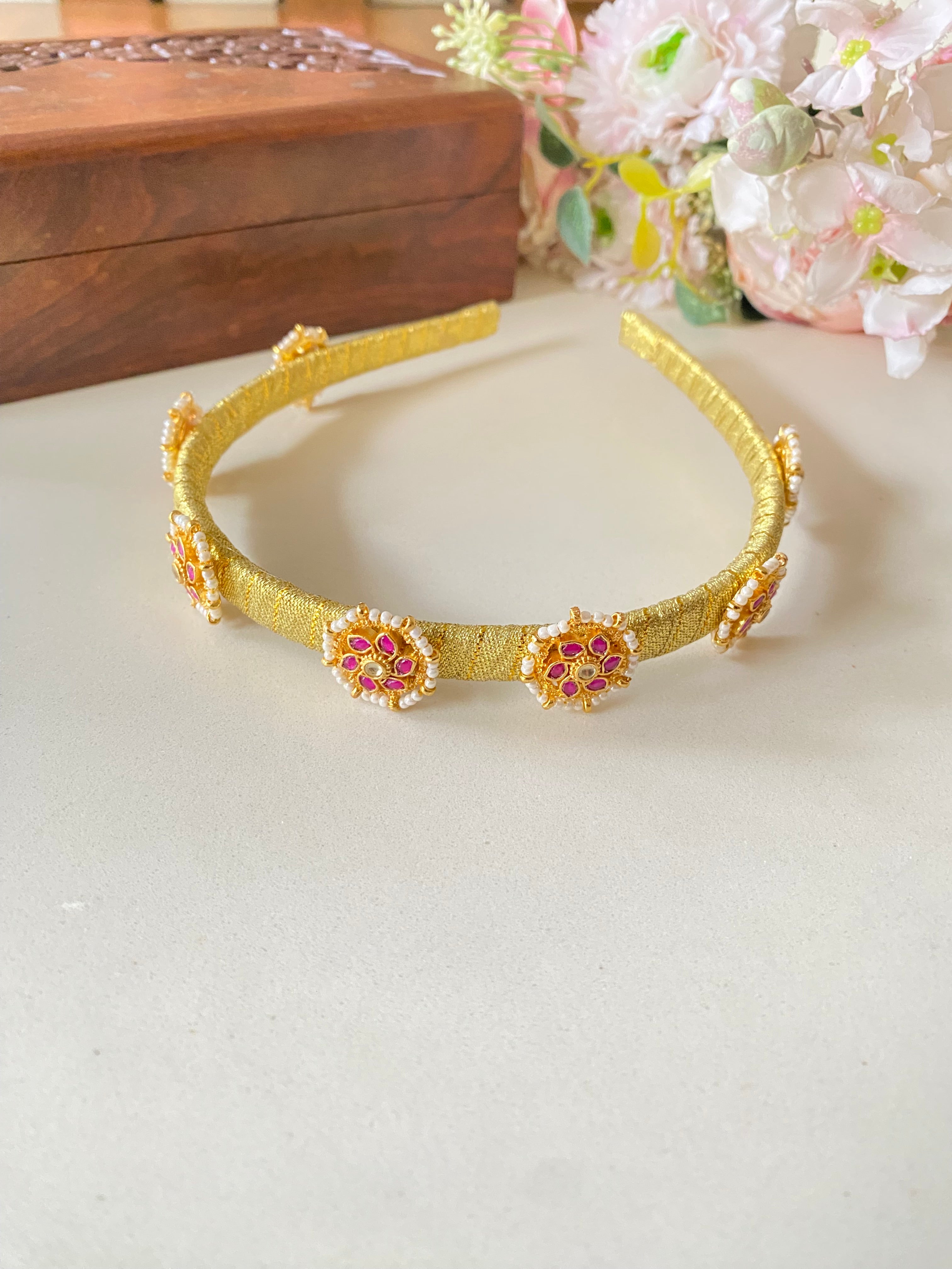 Gold Plated pink Kundan Hairband