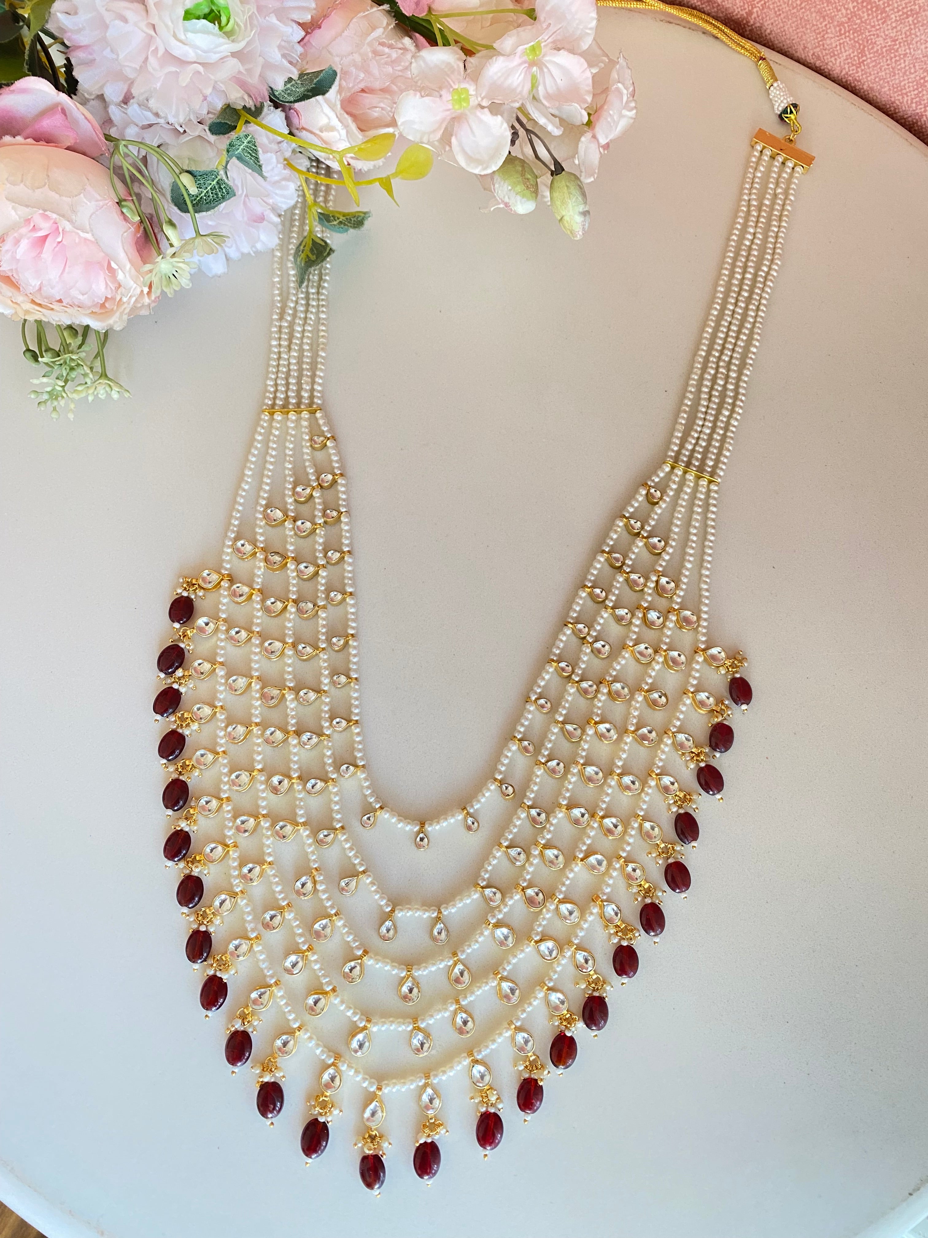 Five-Line gold plated Jadau Kundan Raani Haar/ Necklace in maroon beads