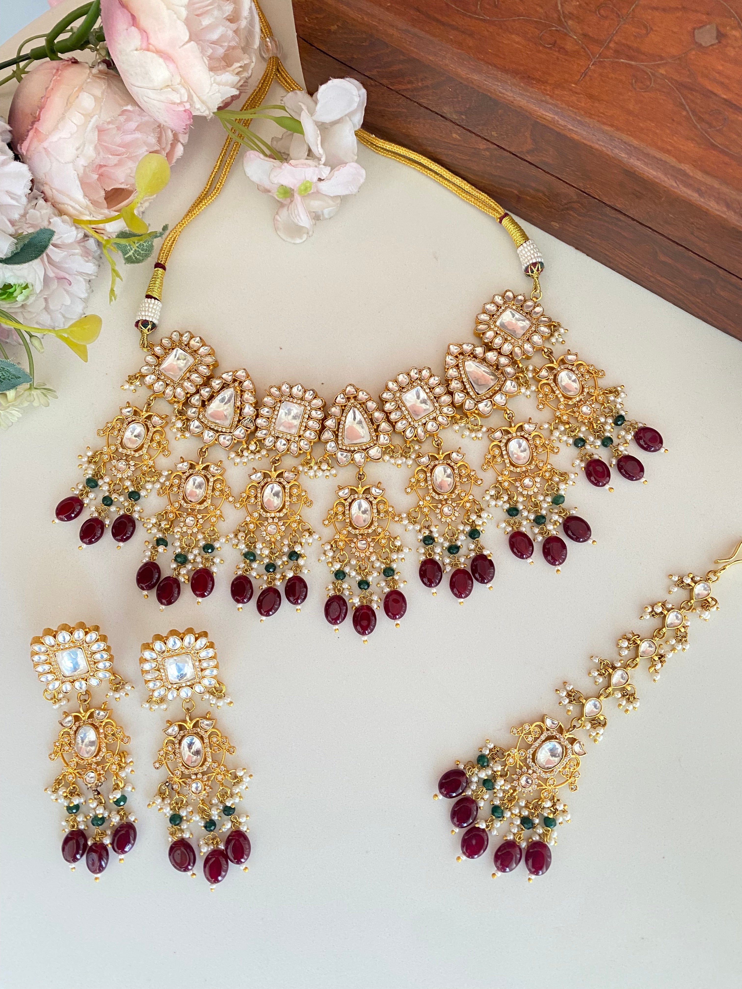 Kundan Bridal Necklace set in maroon drops