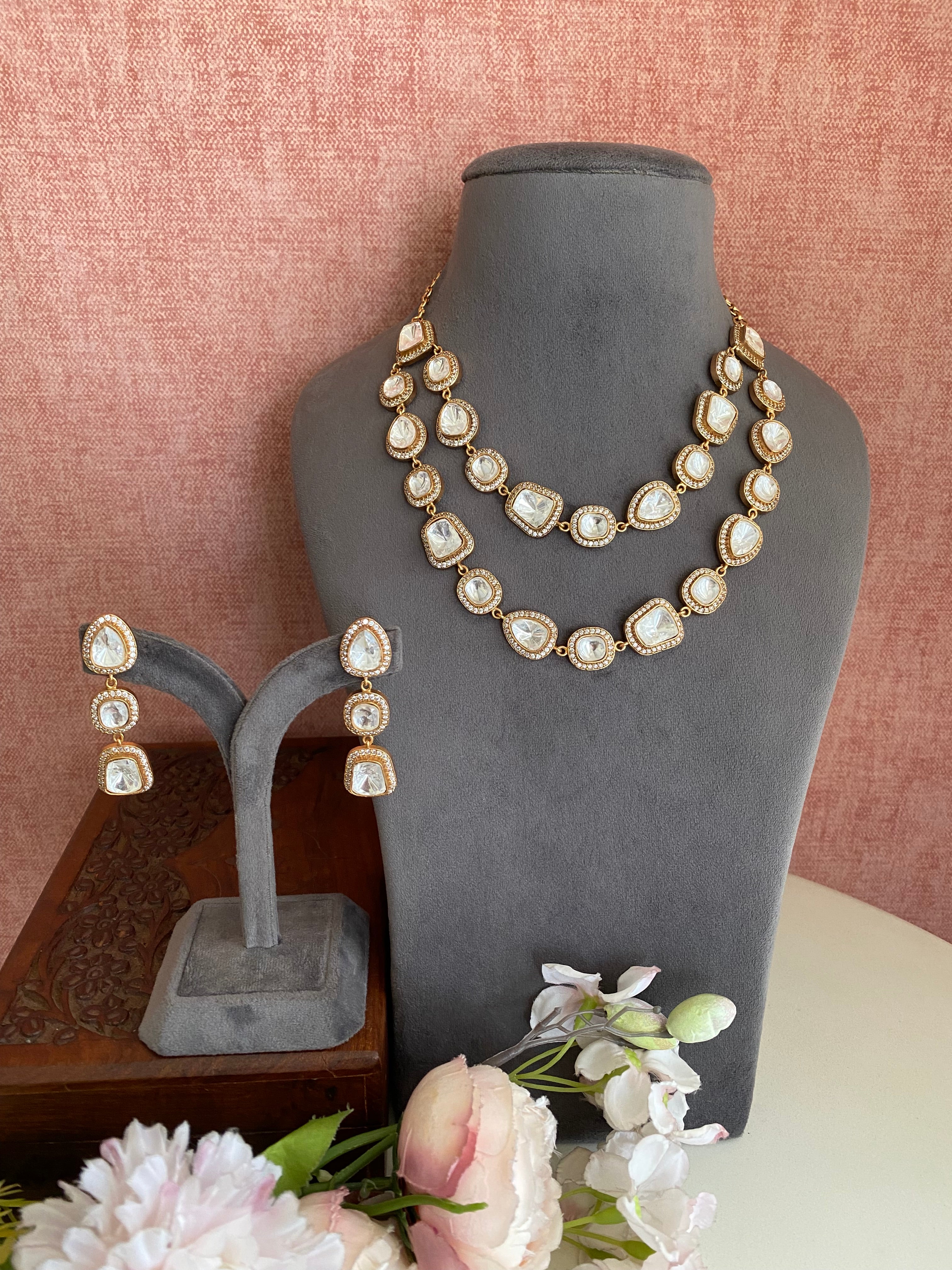Gold plated Moissanite double layer necklace set