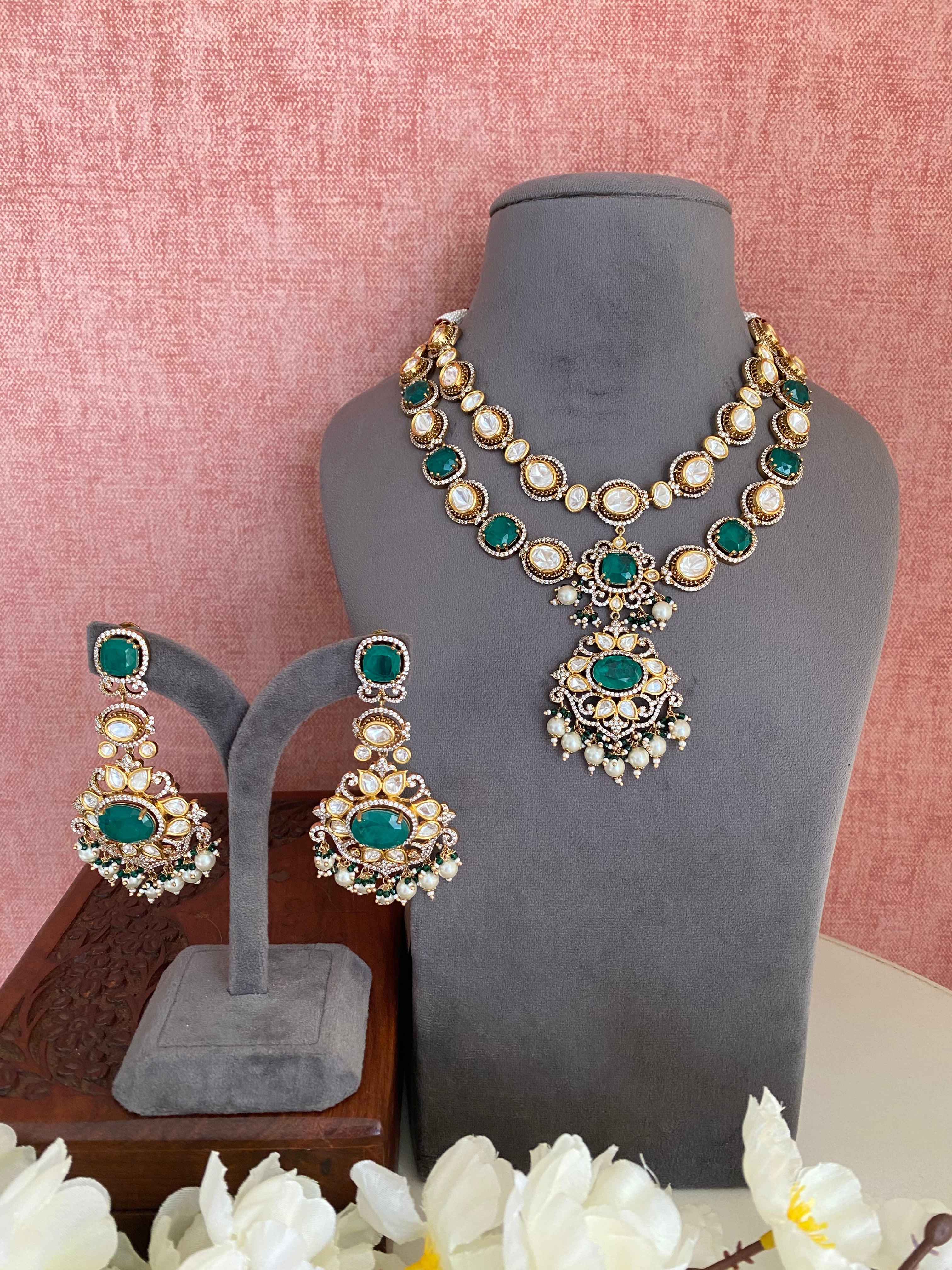 Gold Plated Double Line Green Necklace Set