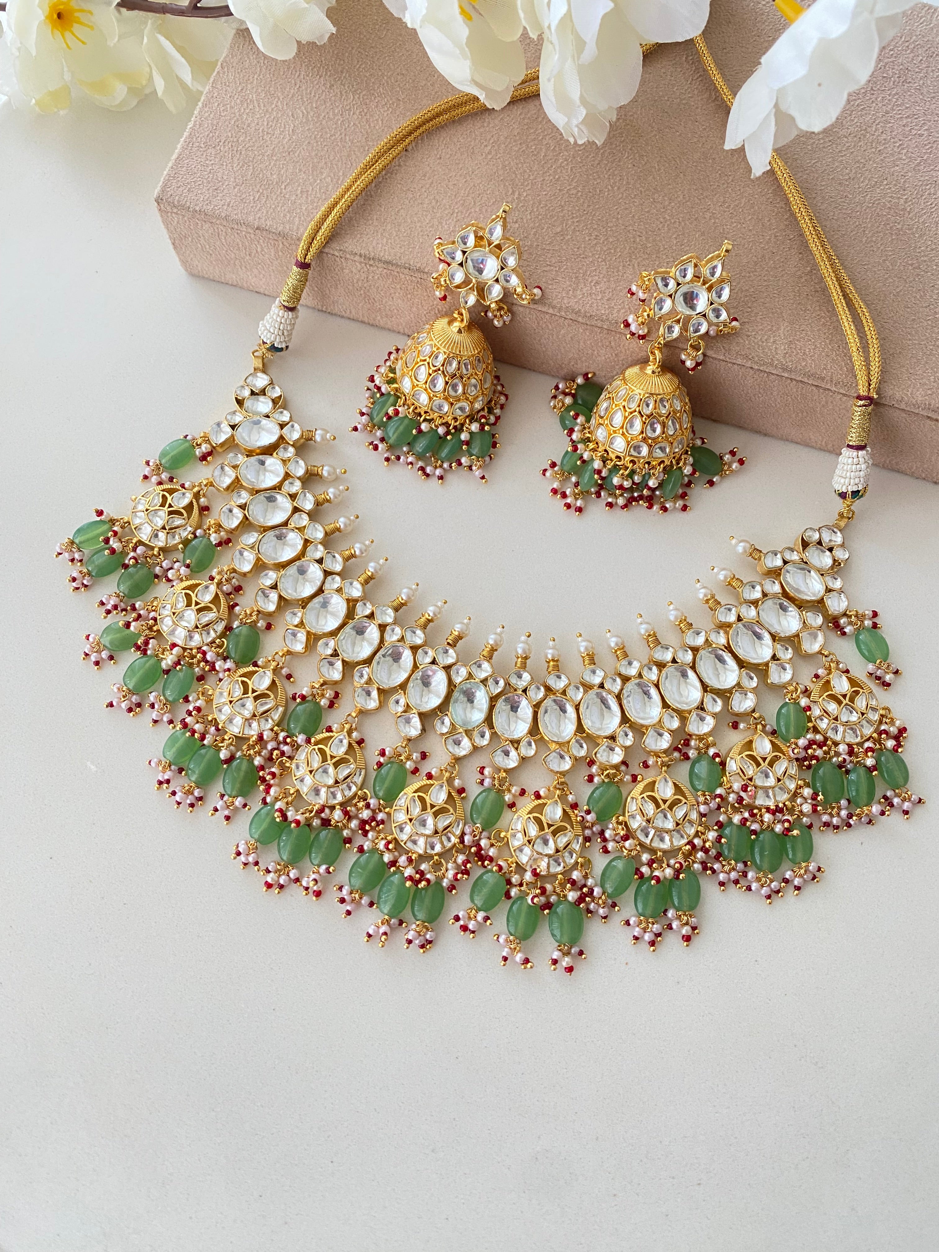 Kundan Gold plated Bridal Necklace Set in mint drops