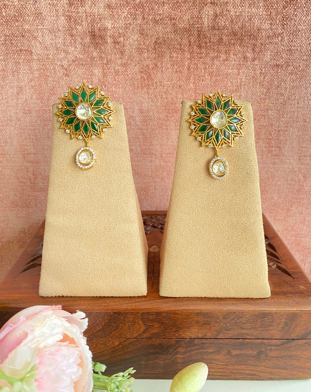 Green Stone Floral Studs