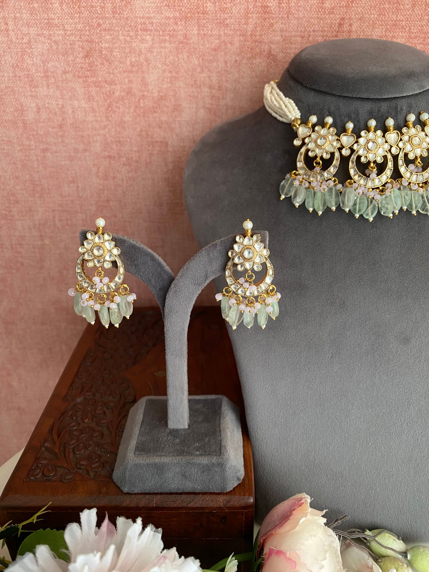 Gold plated Kundan choker set in mint drops