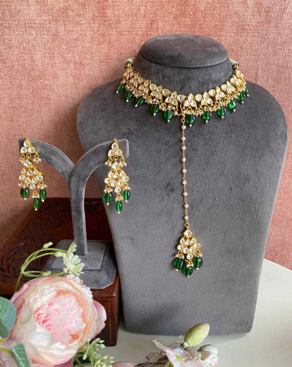 Kundan Necklace set with green drops