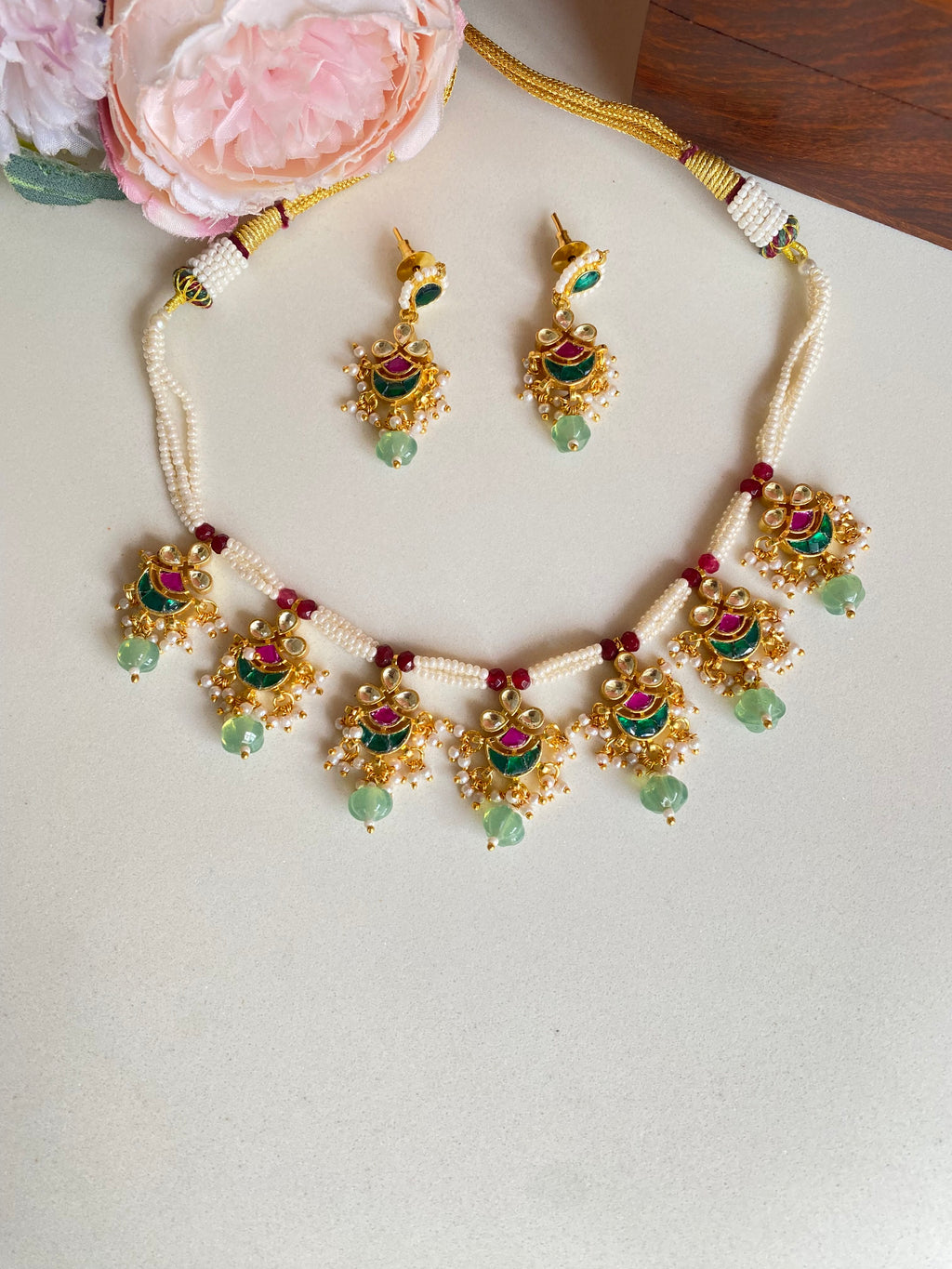 Kundan Pink and Green necklace set