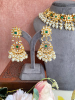 Green Kundan Necklace Set in Pearl drops