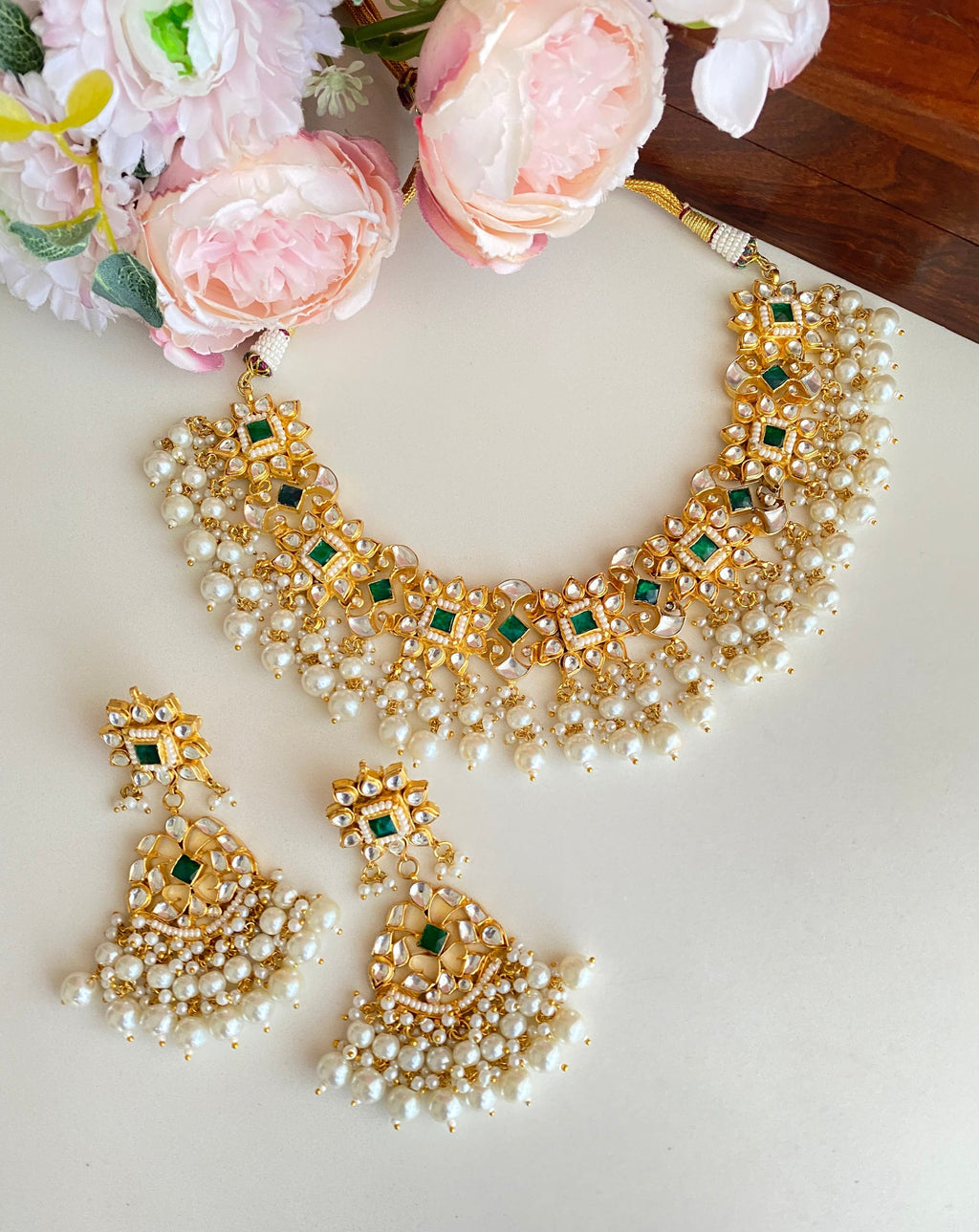 Green Kundan Necklace Set in Pearl drops