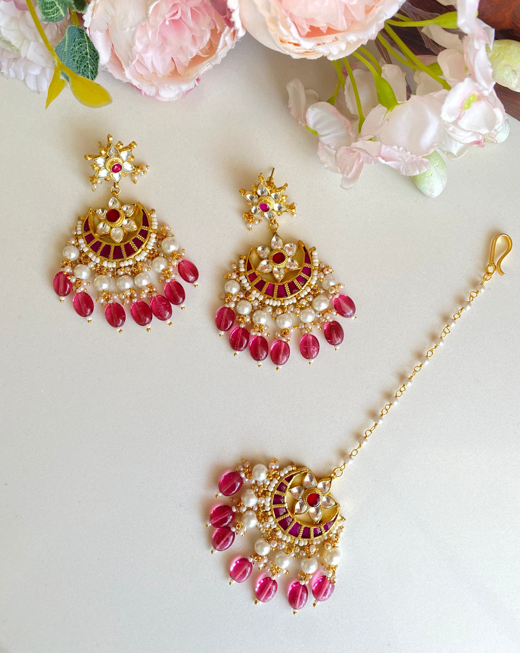 Pink Kundan earrings and Tikka set