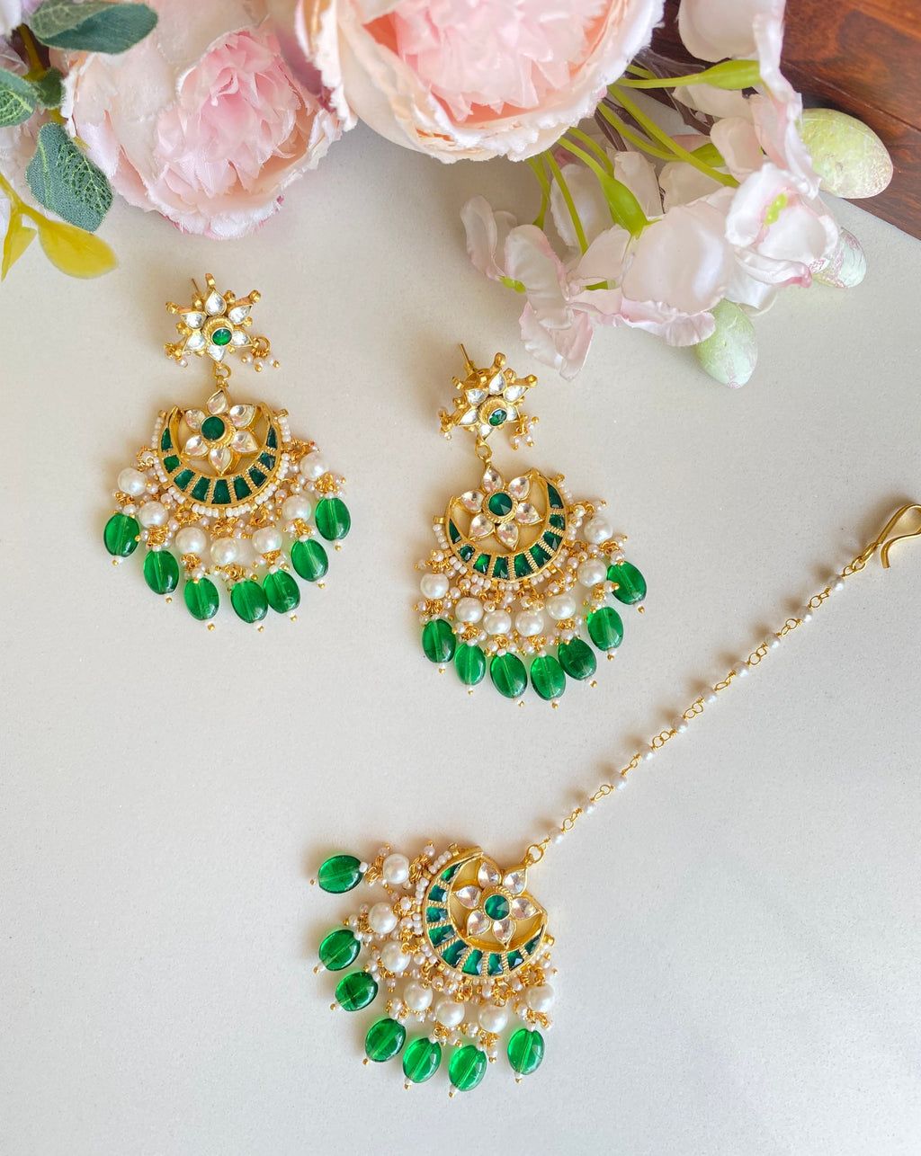Green Kundan earrings and Tikka set