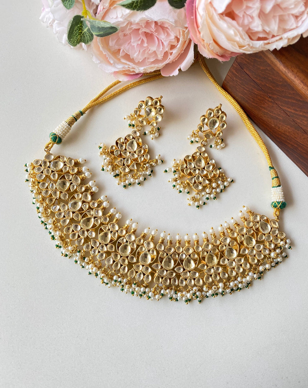 Kundan Necklace Set in Green Pearl