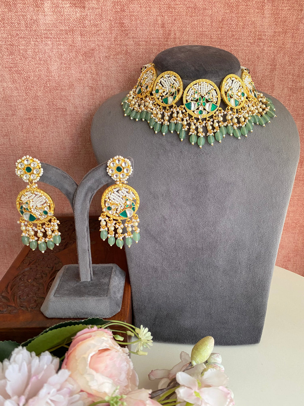 Kundan Necklace Set in Mint Drops
