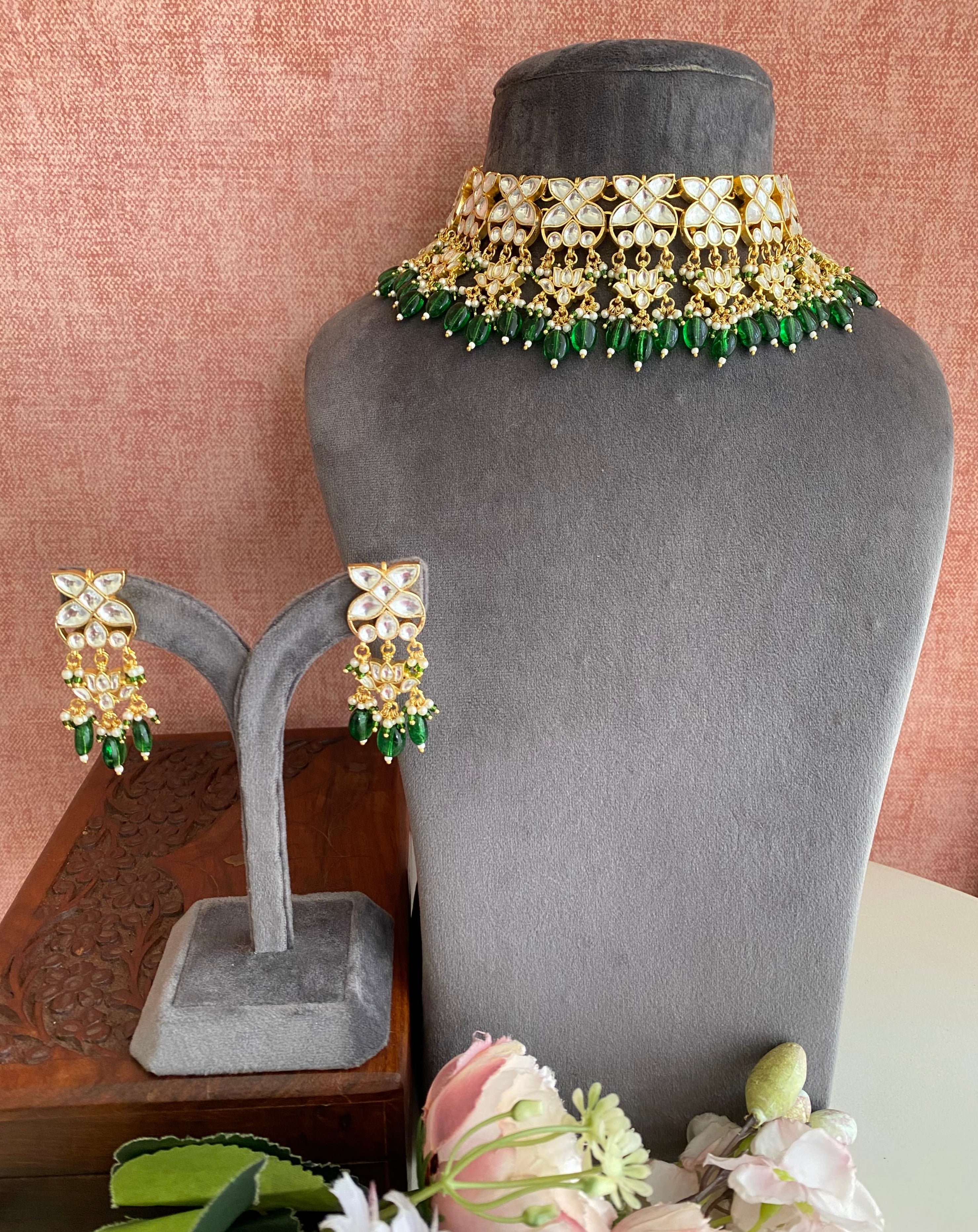 Gold plated Kundan Choker Set in Green Beads