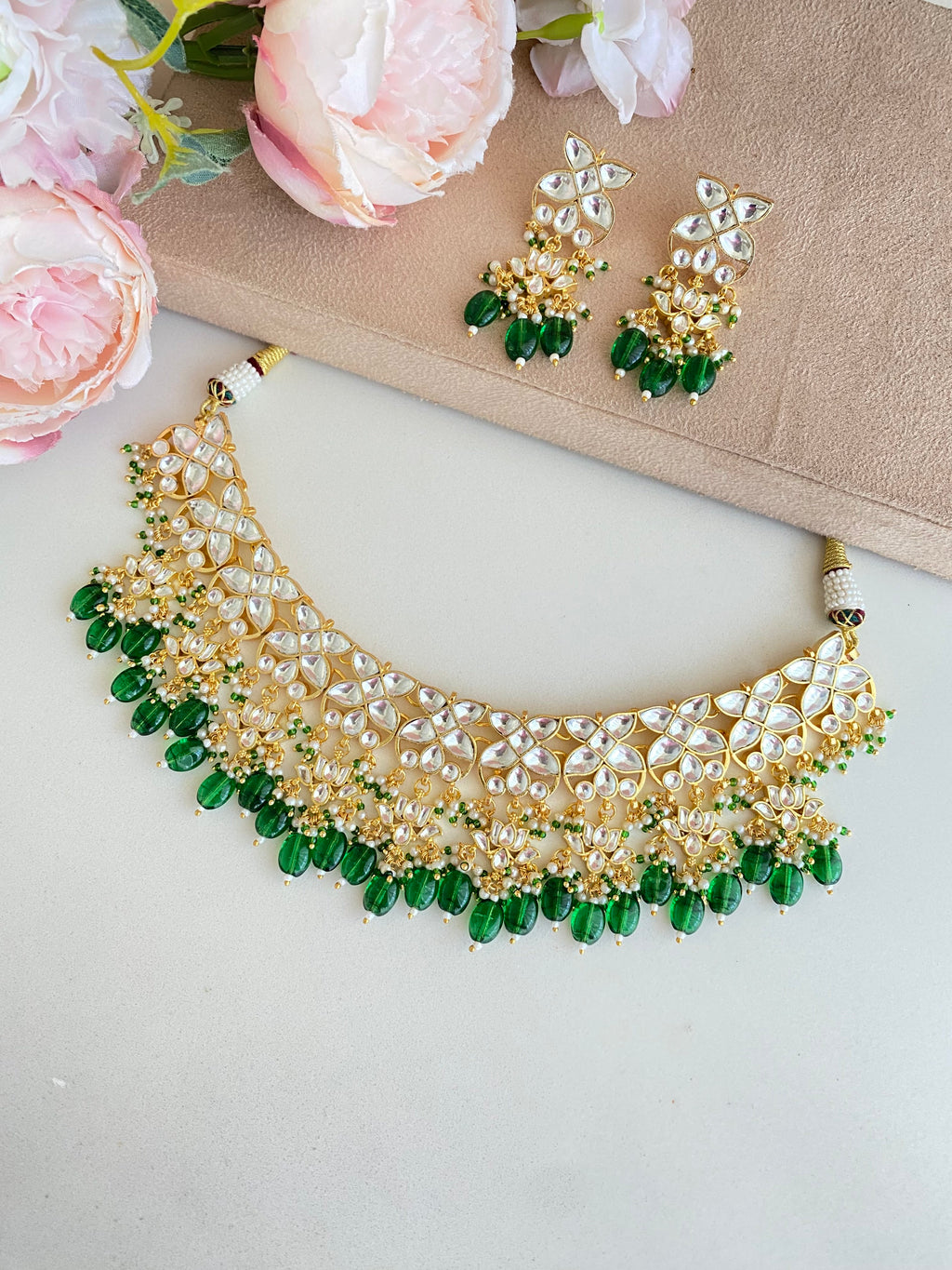 Kundan Necklace Set in Green drops
