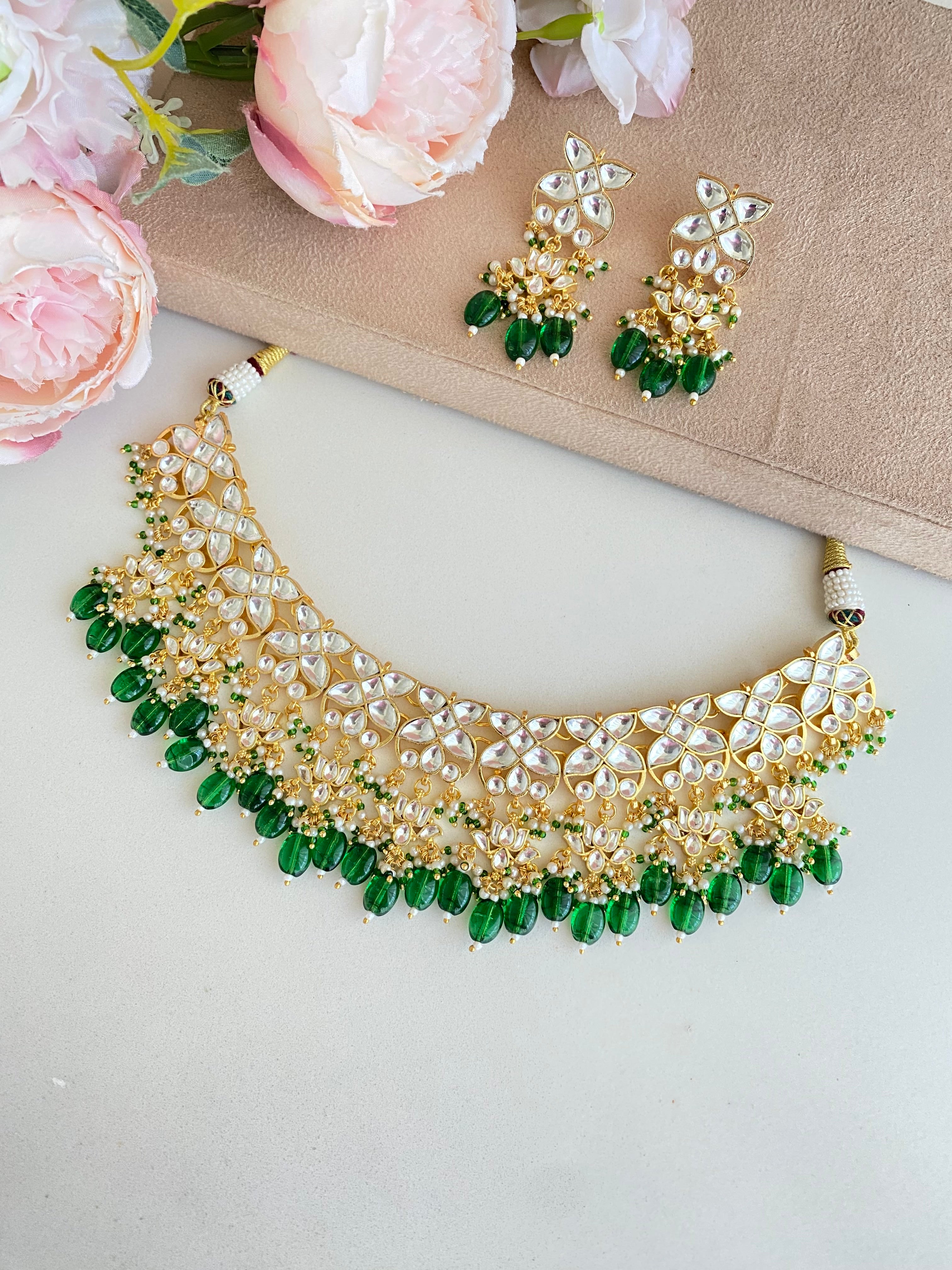 Gold plated Kundan Choker Set in Green Beads
