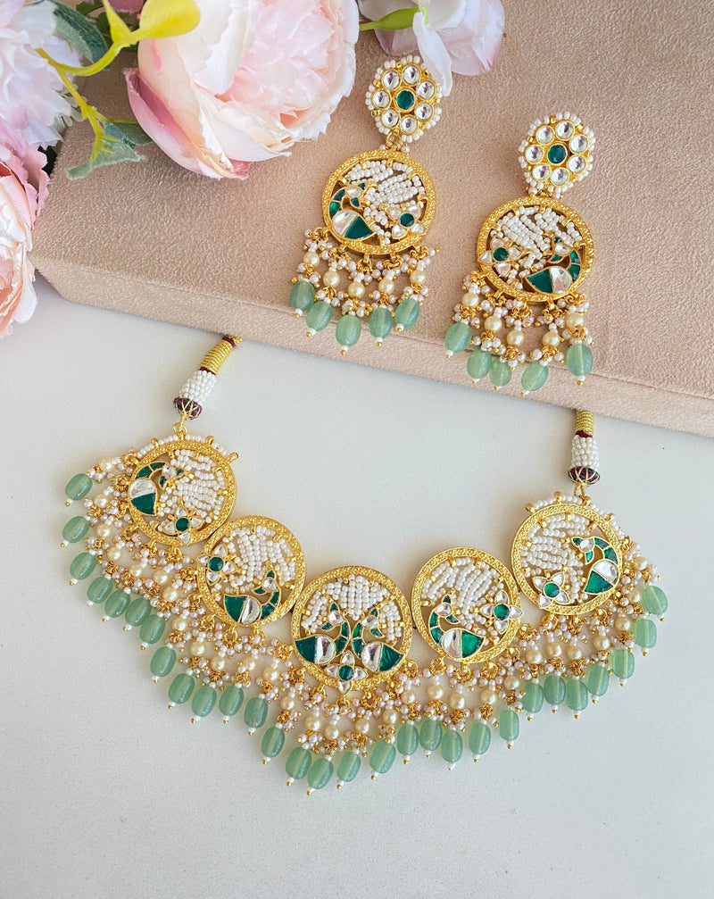 Kundan Necklace Set in Mint Drops