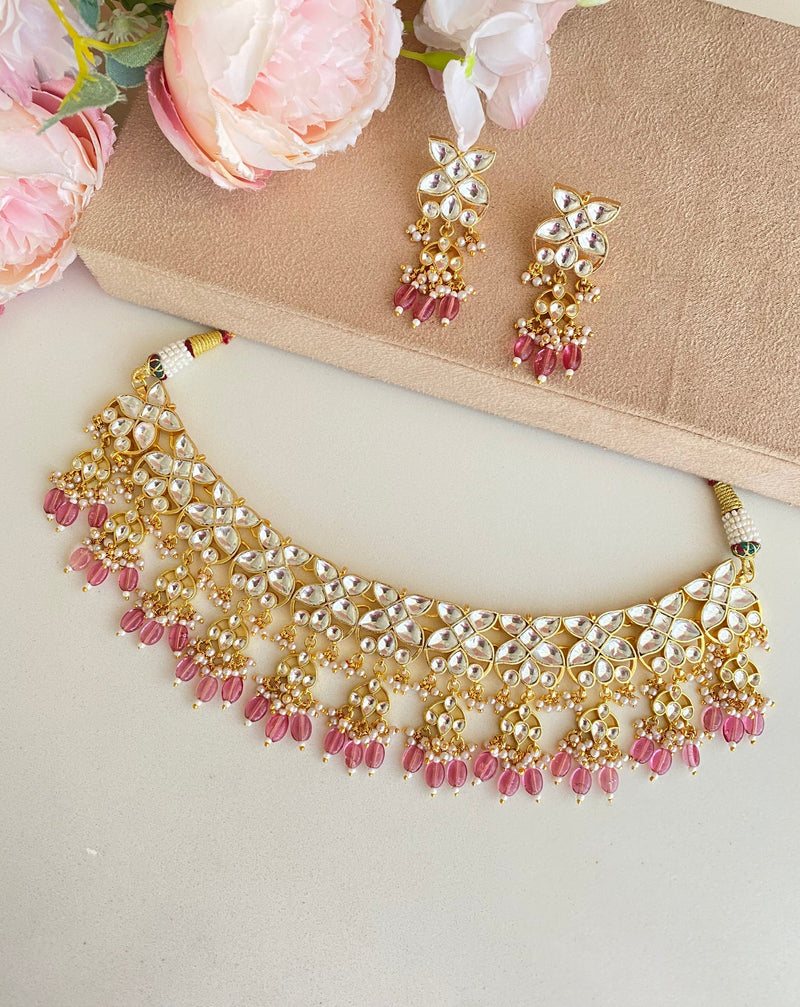 Kundan Necklace Set in Pink Drops