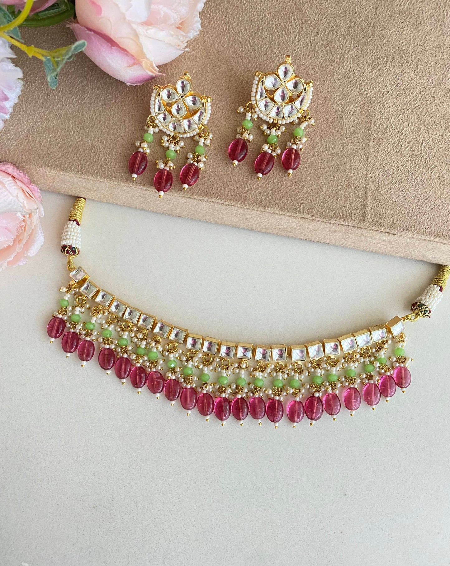 Gold plated Kundan Choker Set in Pink beads