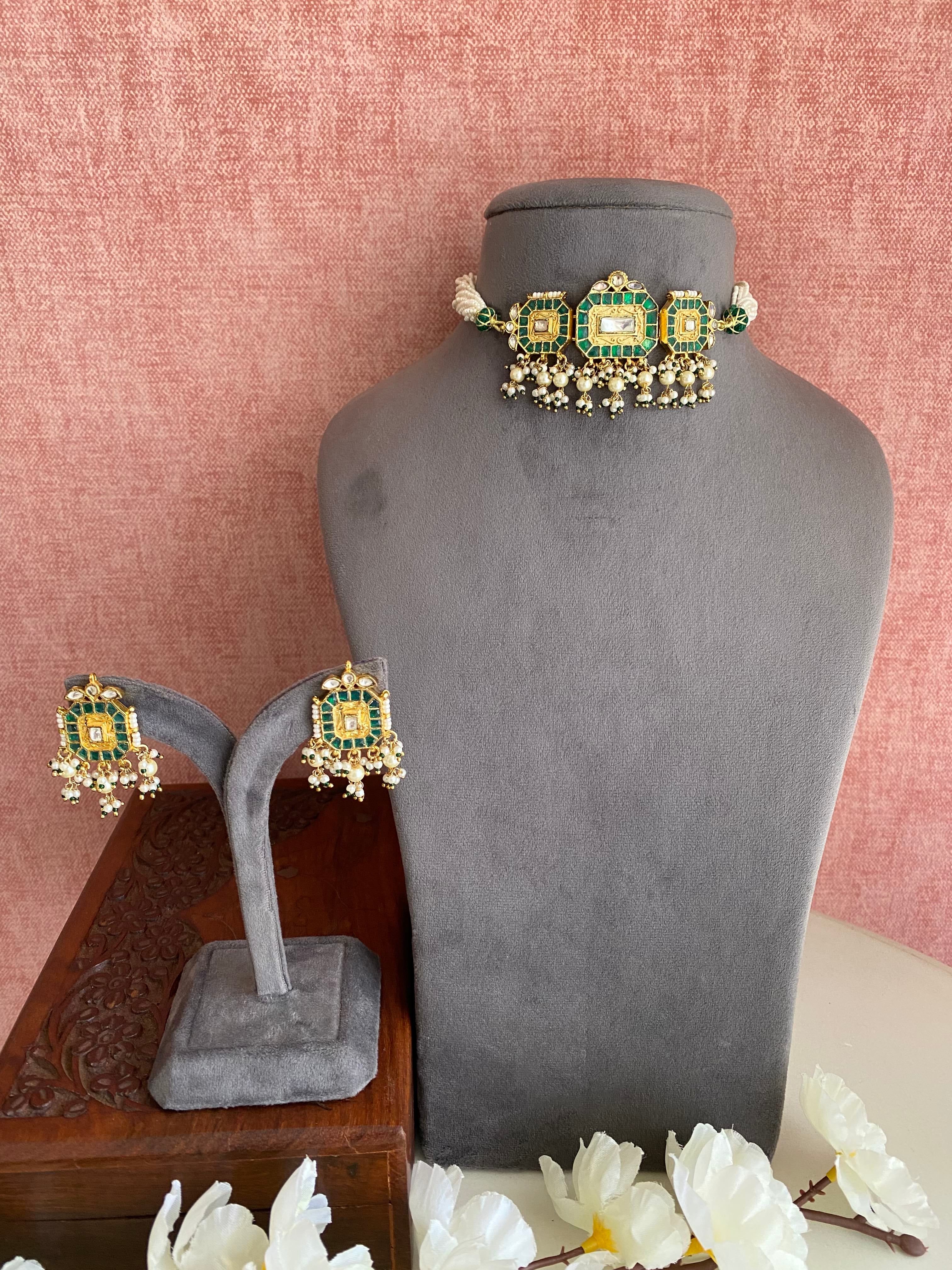 Gold plated Green Kundan choker set in green drops