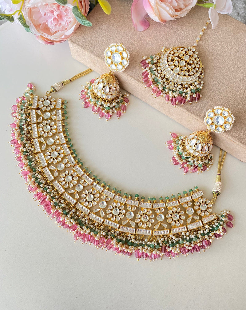 Bridal Choker Set in Pink beads