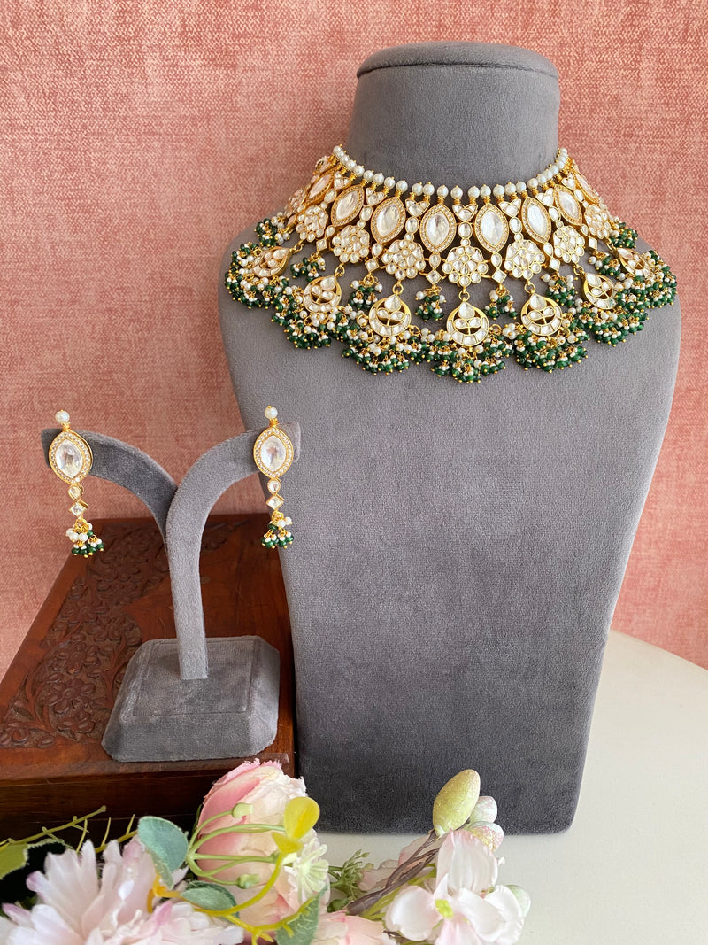 Kundan Necklace Set in Green beads