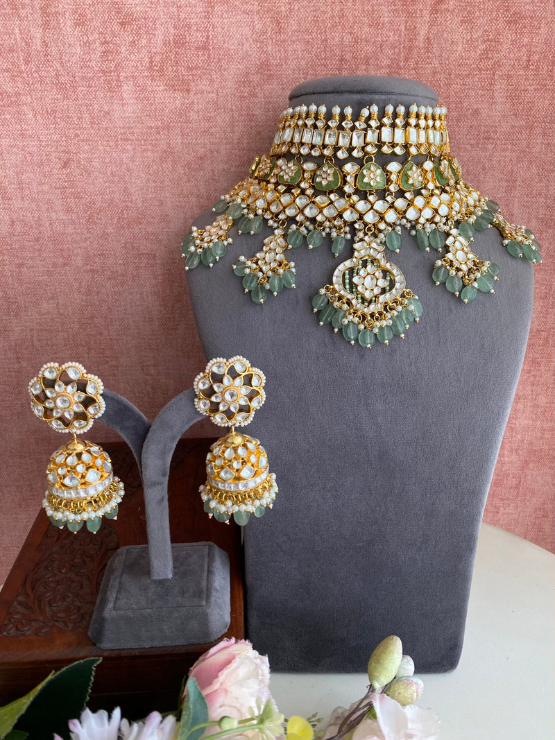 Kundan Bridal Necklace Set in mint Drops