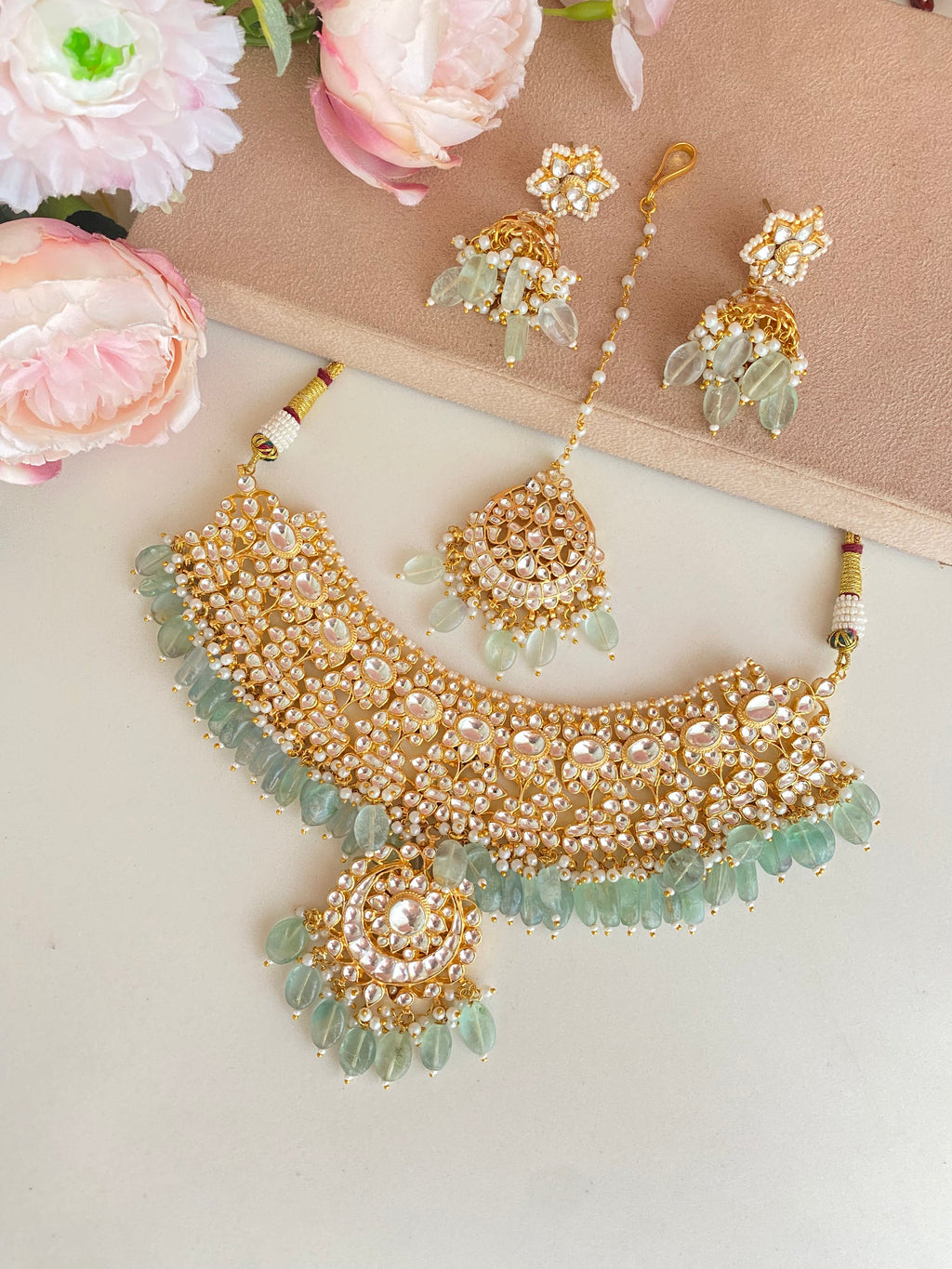 Kundan Bridal Necklace Set in Mint Drops
